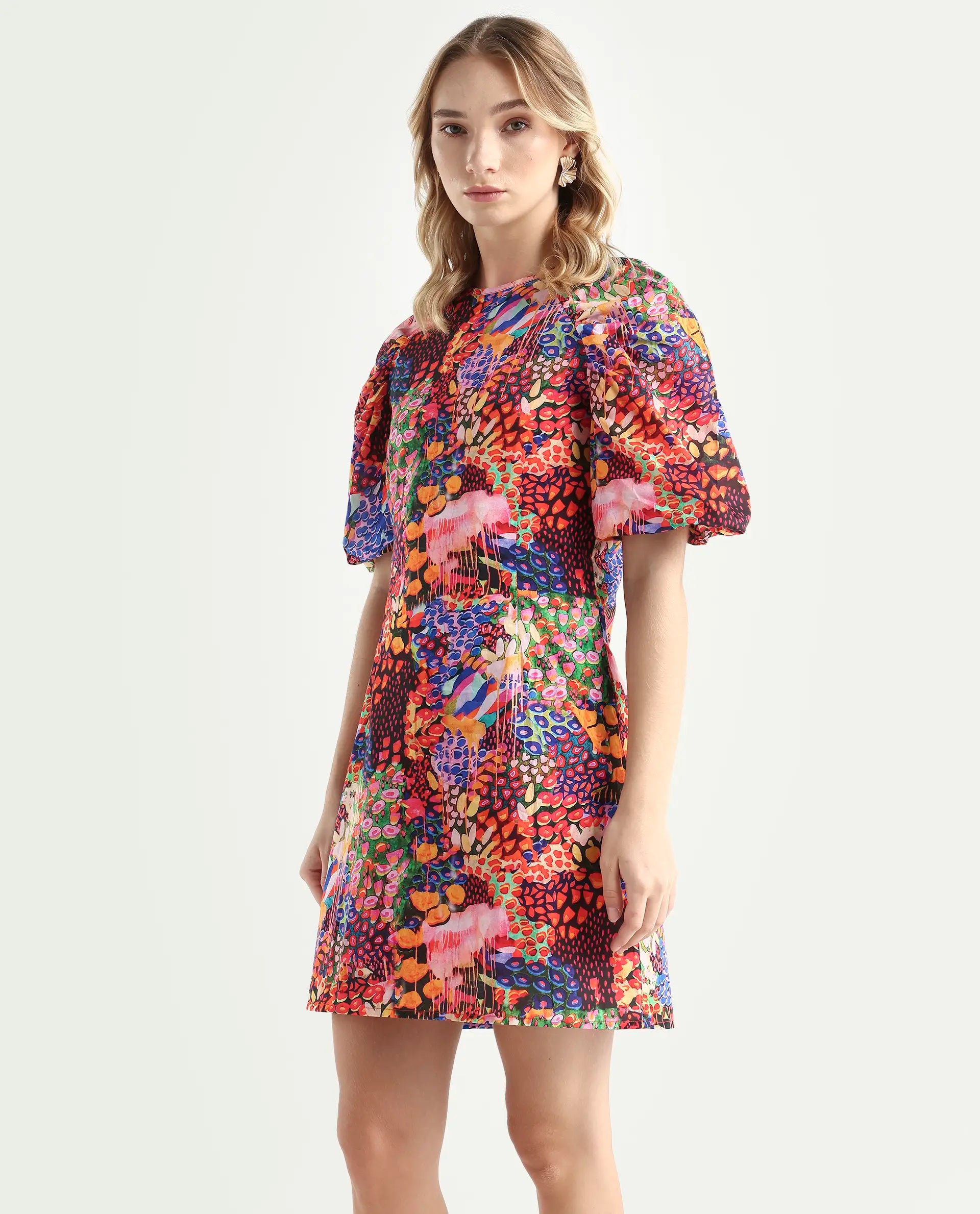 Rareism Women's Scott Multi Cotton Crew Neck Floral Print Puff Sleeves Mini Slim Fit Dress
