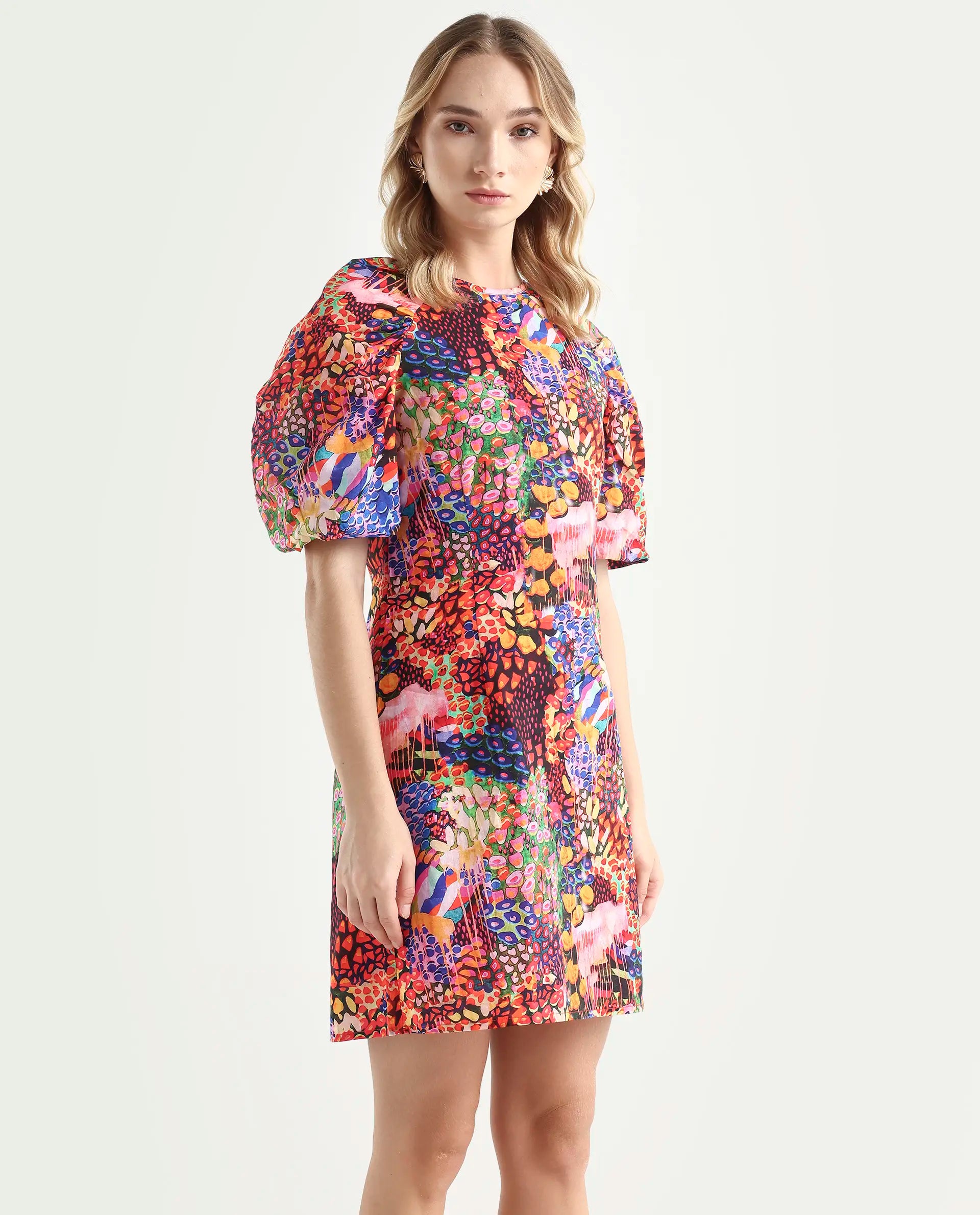 Rareism Women's Scott Multi Cotton Crew Neck Floral Print Puff Sleeves Mini Slim Fit Dress