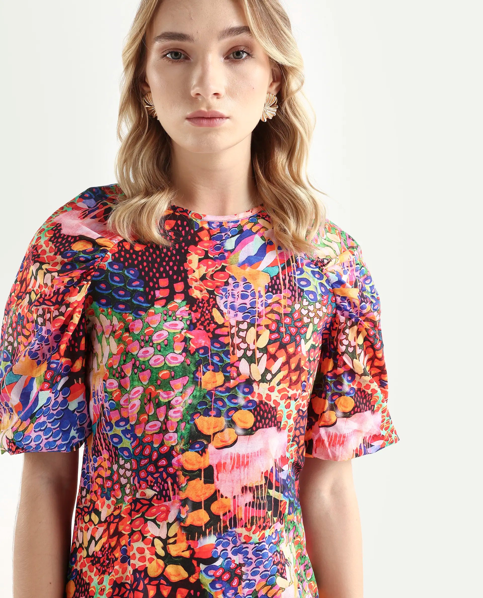 Rareism Women's Scott Multi Cotton Crew Neck Floral Print Puff Sleeves Mini Slim Fit Dress