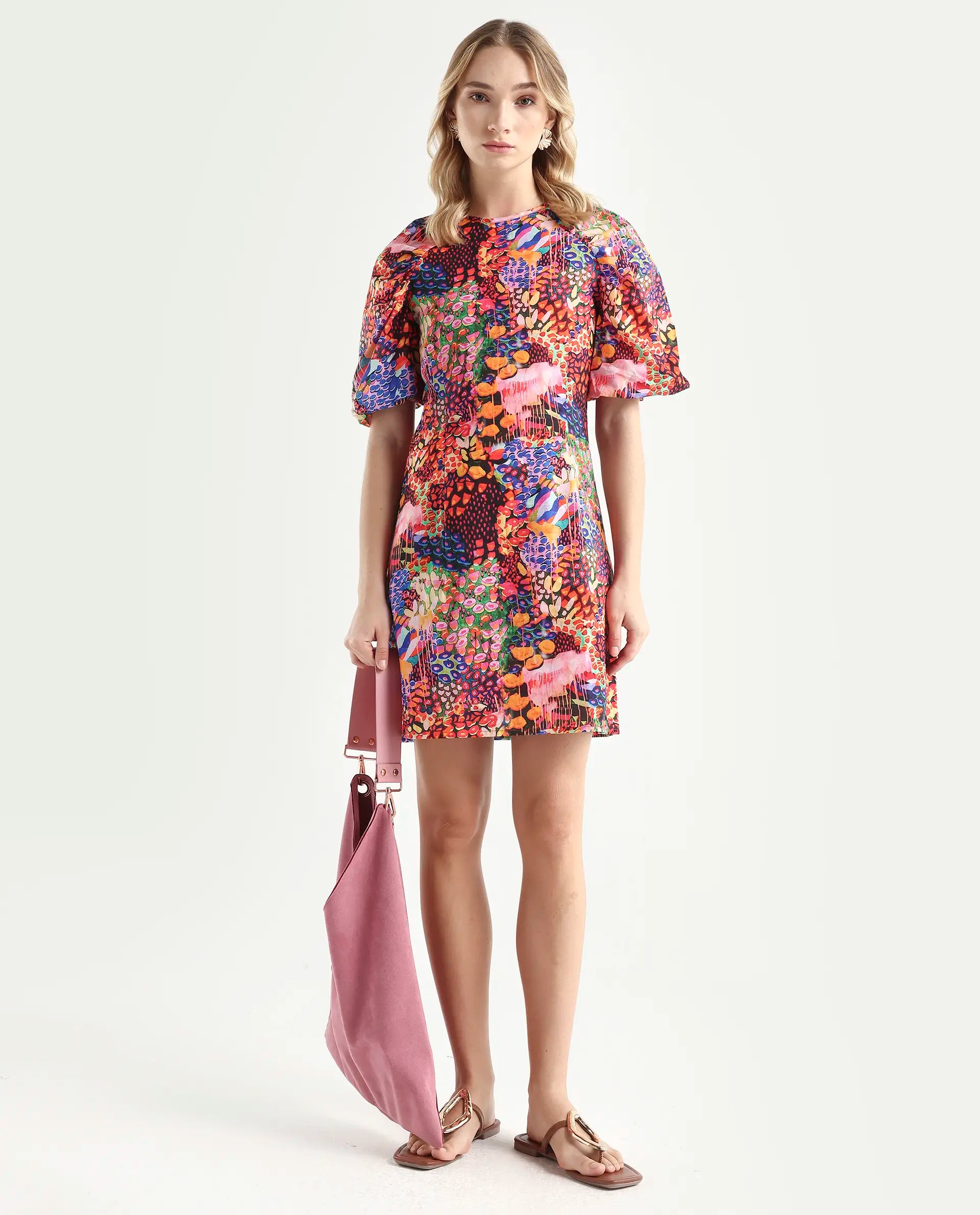 Rareism Women's Scott Multi Cotton Crew Neck Floral Print Puff Sleeves Mini Slim Fit Dress