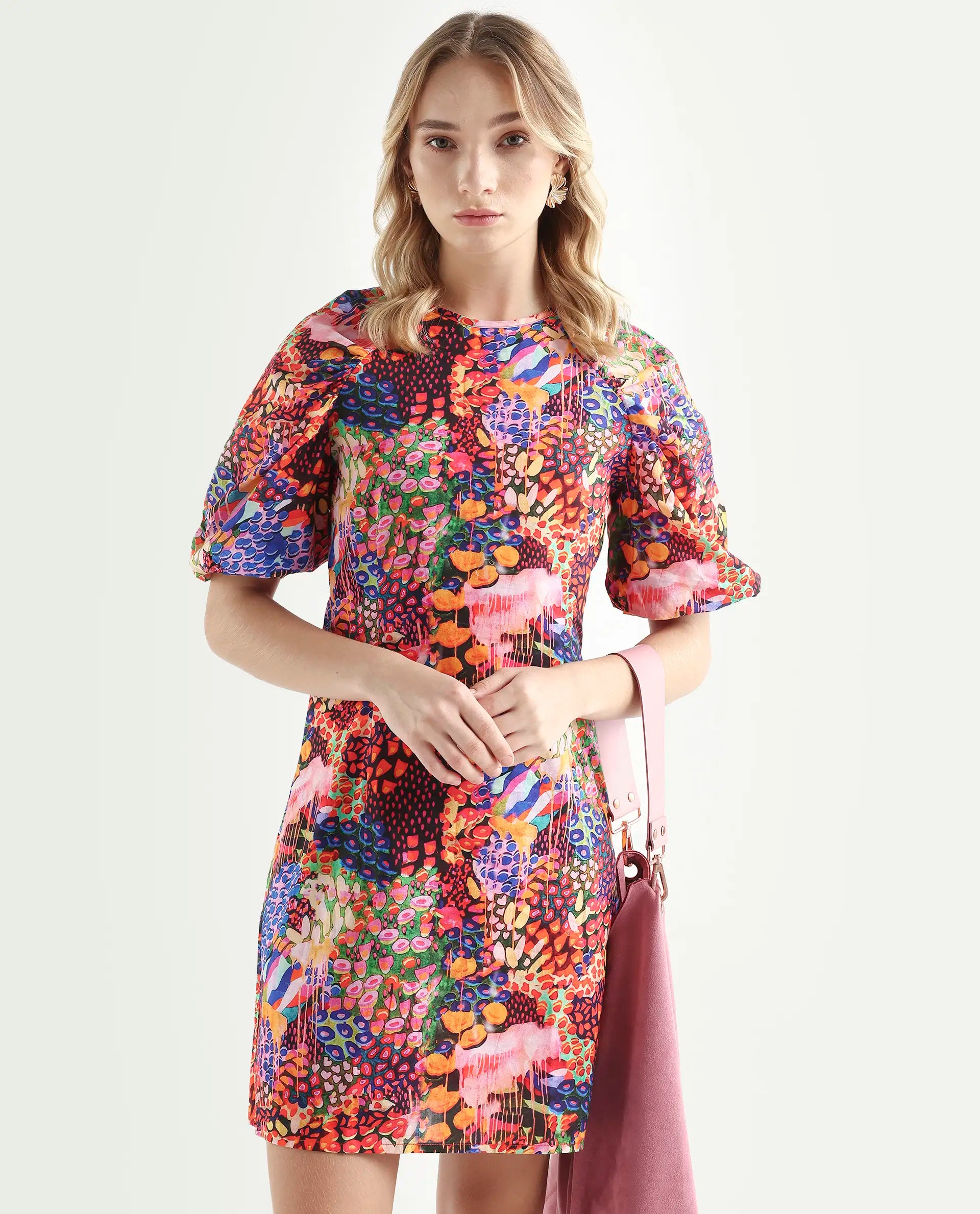 Rareism Women's Scott Multi Cotton Crew Neck Floral Print Puff Sleeves Mini Slim Fit Dress
