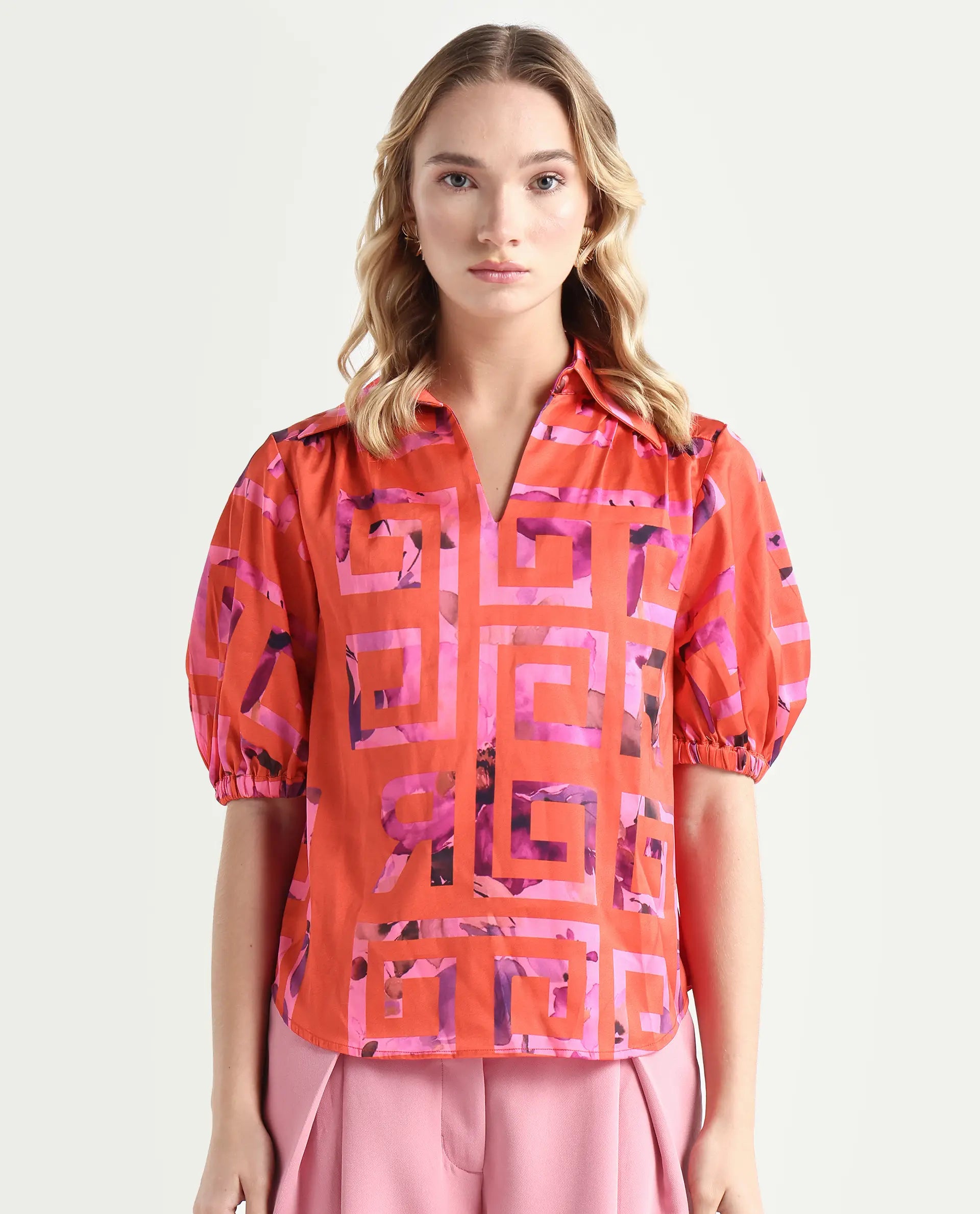 Rareism Women's Mclean Pink Polyester Spread Collar Geometric Print Regular Fit Shrug