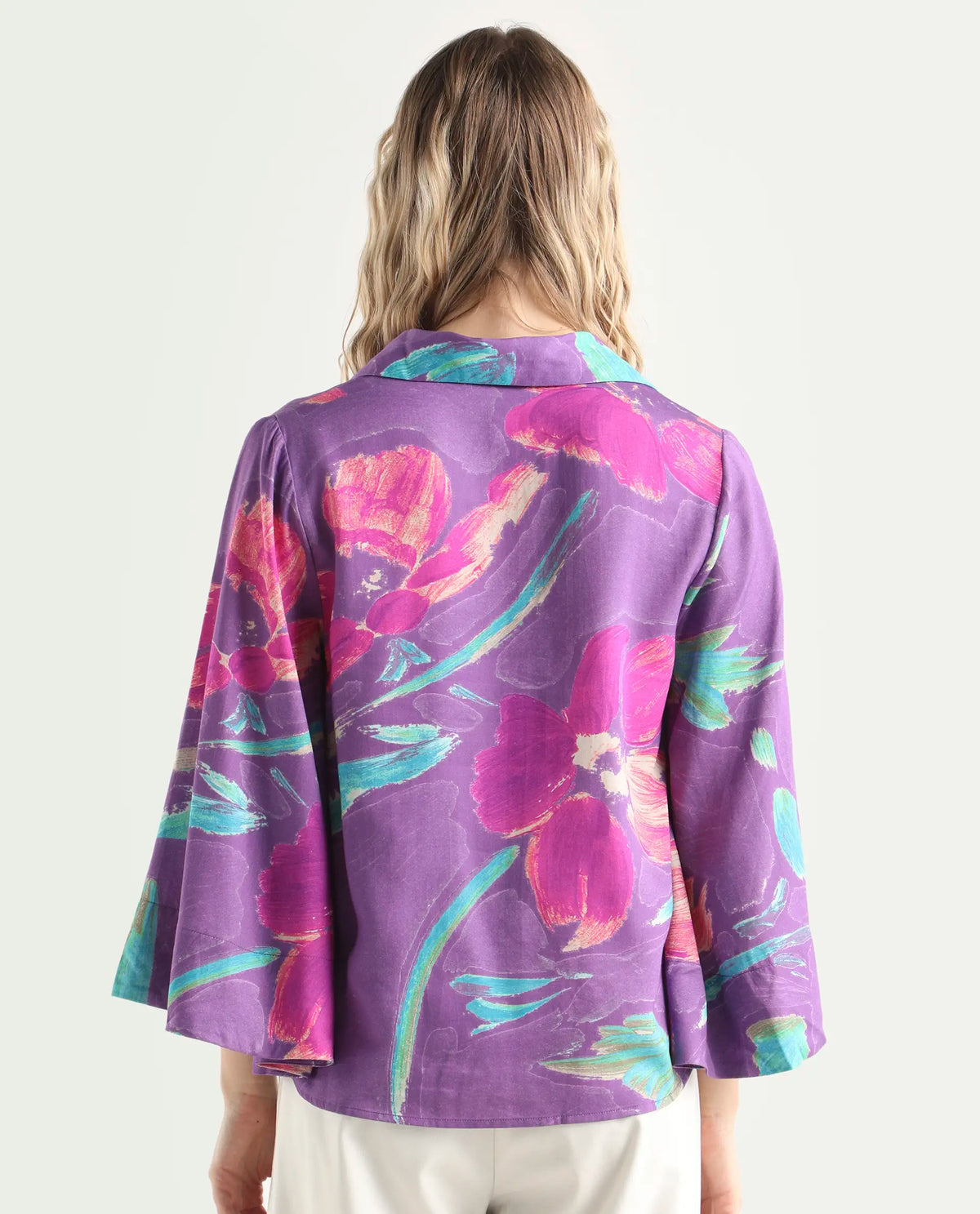 Rareism Women's Ferguson Light Purple Cotton Spread Collar Abstract Print Flared Sleeve Tailored Top