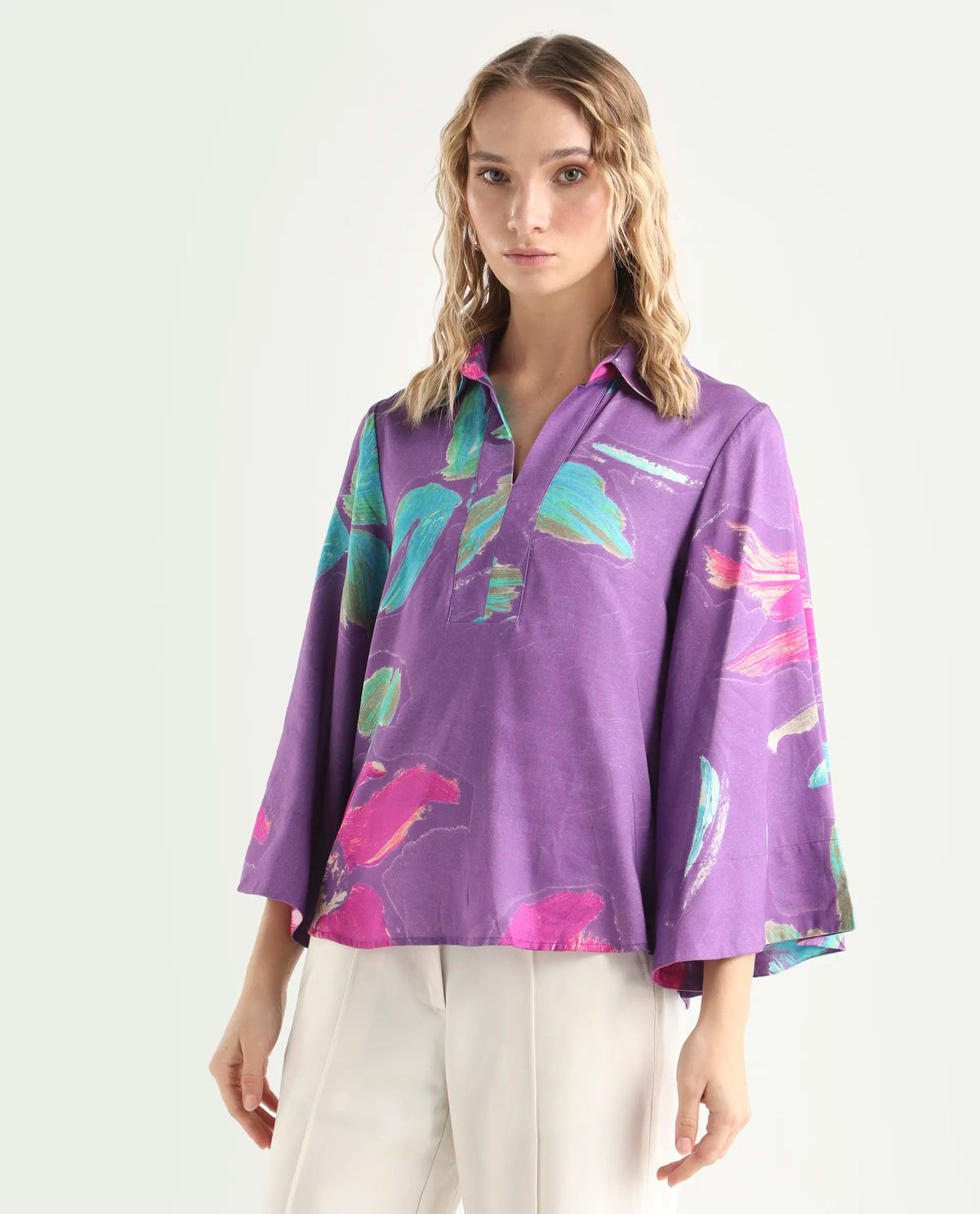Rareism Women's Ferguson Light Purple Cotton Spread Collar Abstract Print Flared Sleeve Tailored Top