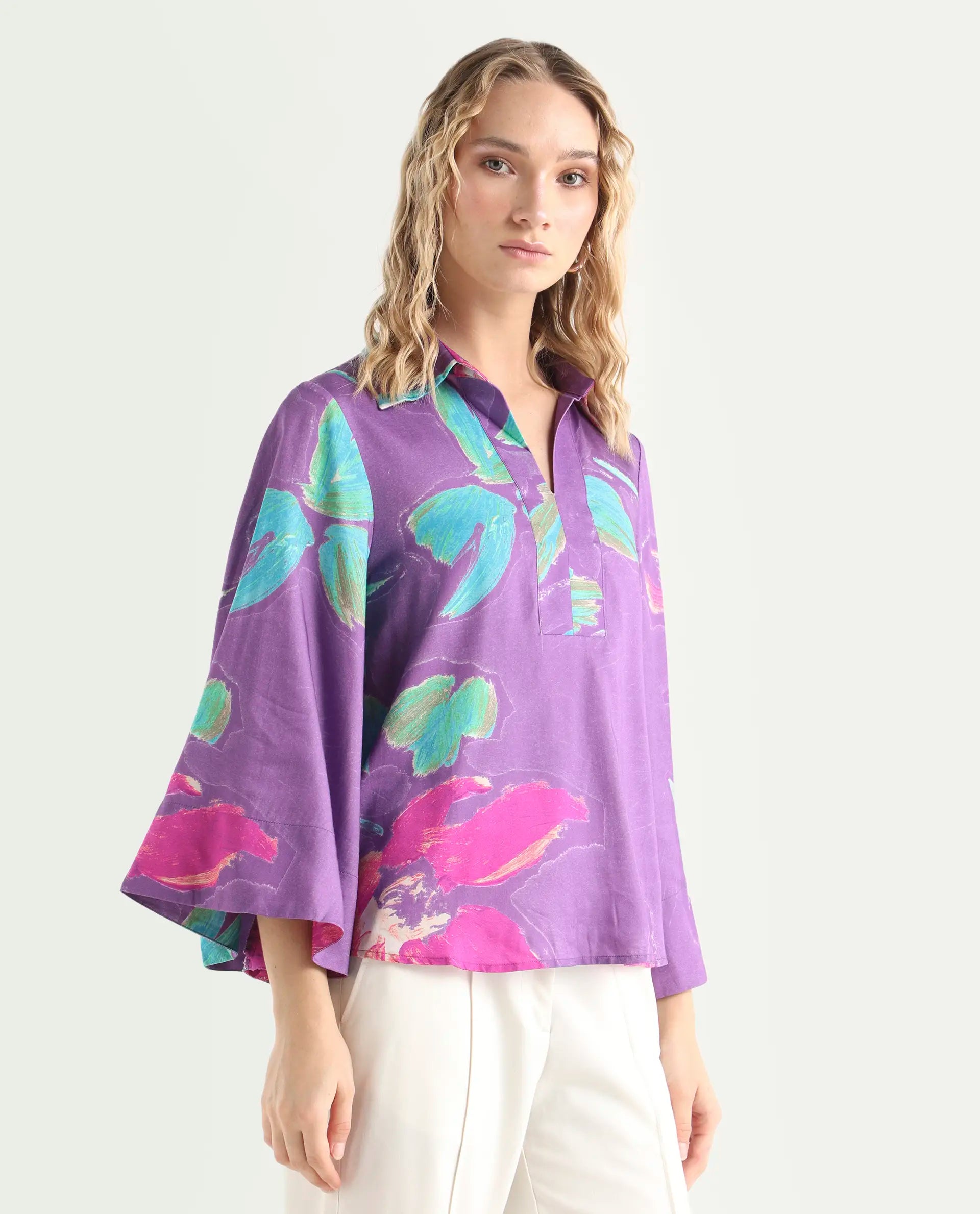 Rareism Women's Ferguson Light Purple Cotton Spread Collar Abstract Print Flared Sleeve Tailored Top