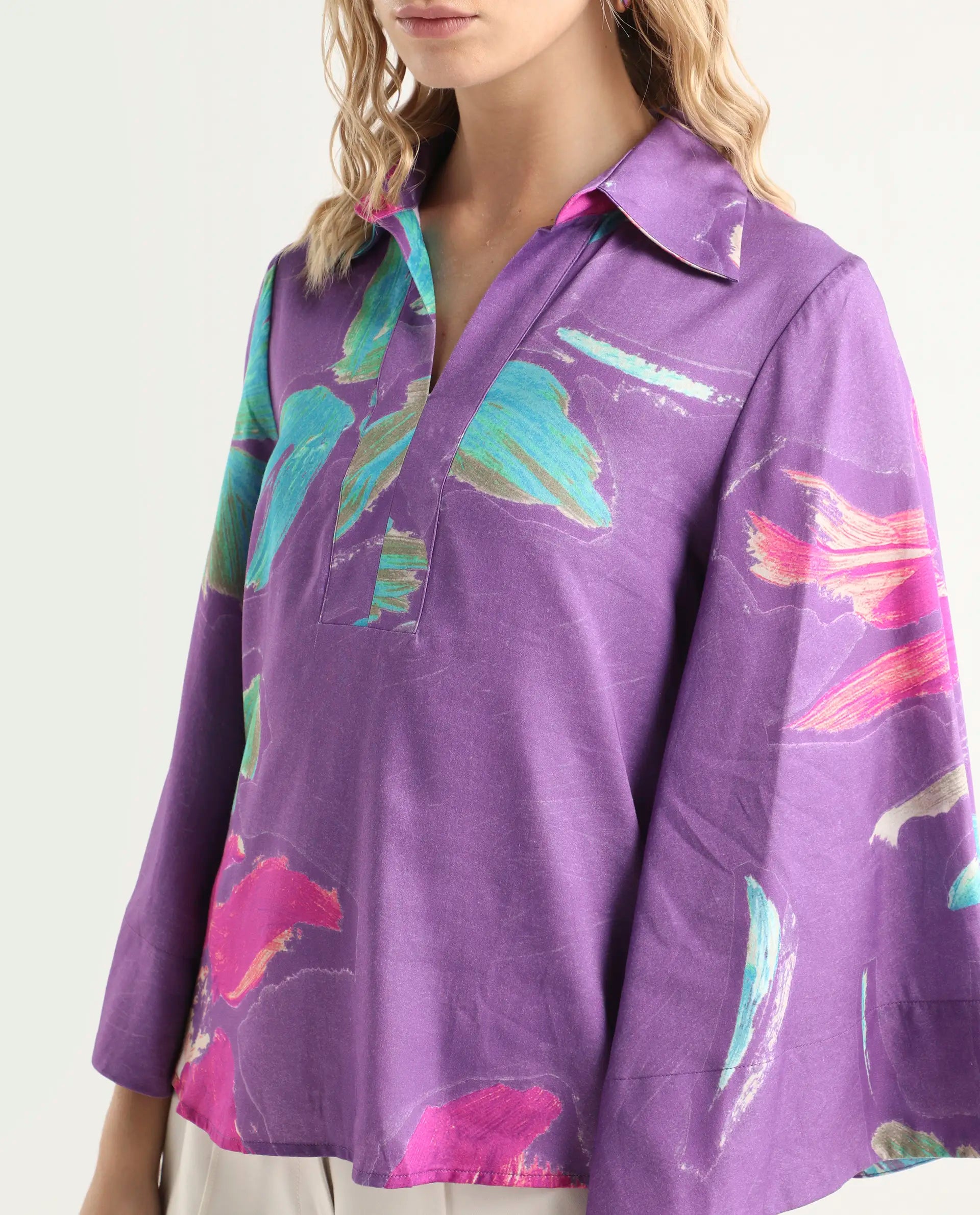 Rareism Women's Ferguson Light Purple Cotton Spread Collar Abstract Print Flared Sleeve Tailored Top