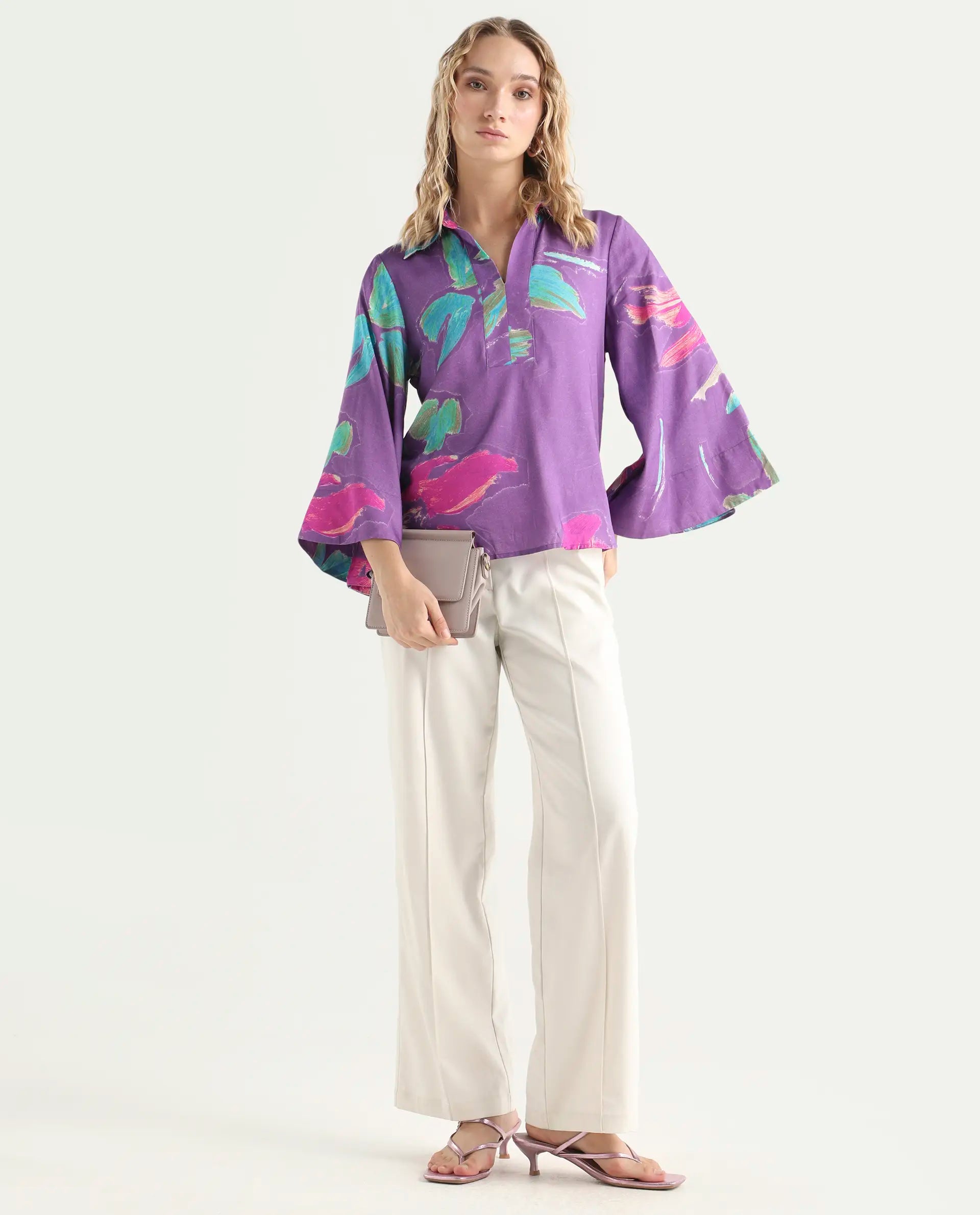 Rareism Women's Ferguson Light Purple Cotton Spread Collar Abstract Print Flared Sleeve Tailored Top