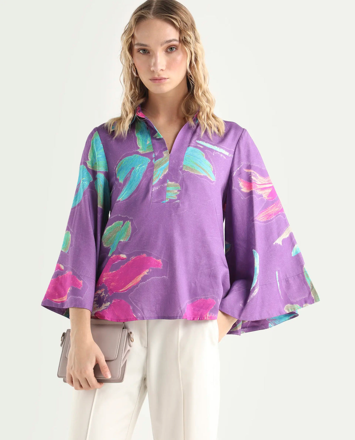 Rareism Women's Ferguson Light Purple Cotton Spread Collar Abstract Print Flared Sleeve Tailored Top