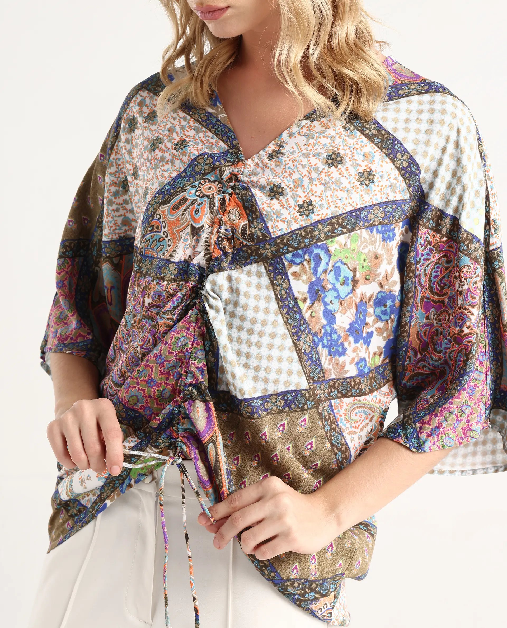 Rareism Women's Leoda Multi Viscose V-Neck Abstract Print Flared Sleeve Relaxed Fit Top
