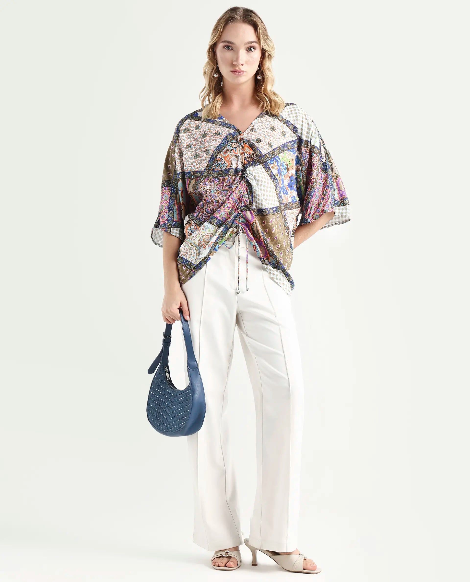 Rareism Women's Leoda Multi Viscose V-Neck Abstract Print Flared Sleeve Relaxed Fit Top