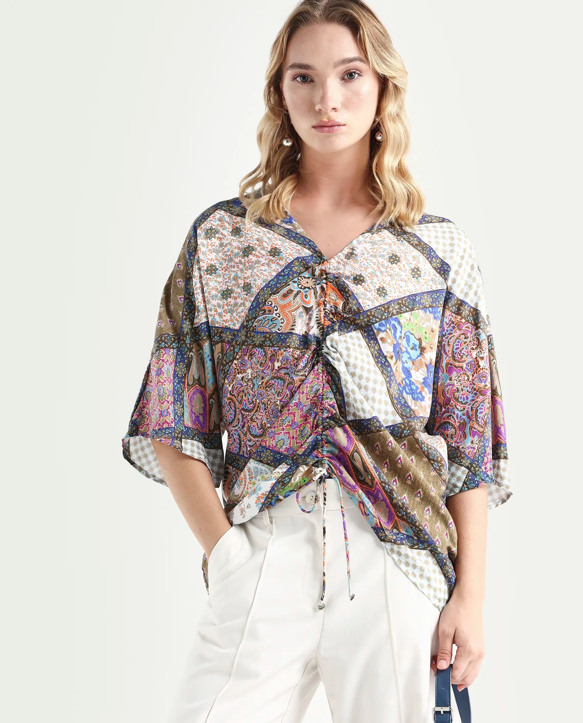 Rareism Women's Leoda Multi Viscose V-Neck Abstract Print Flared Sleeve Relaxed Fit Top