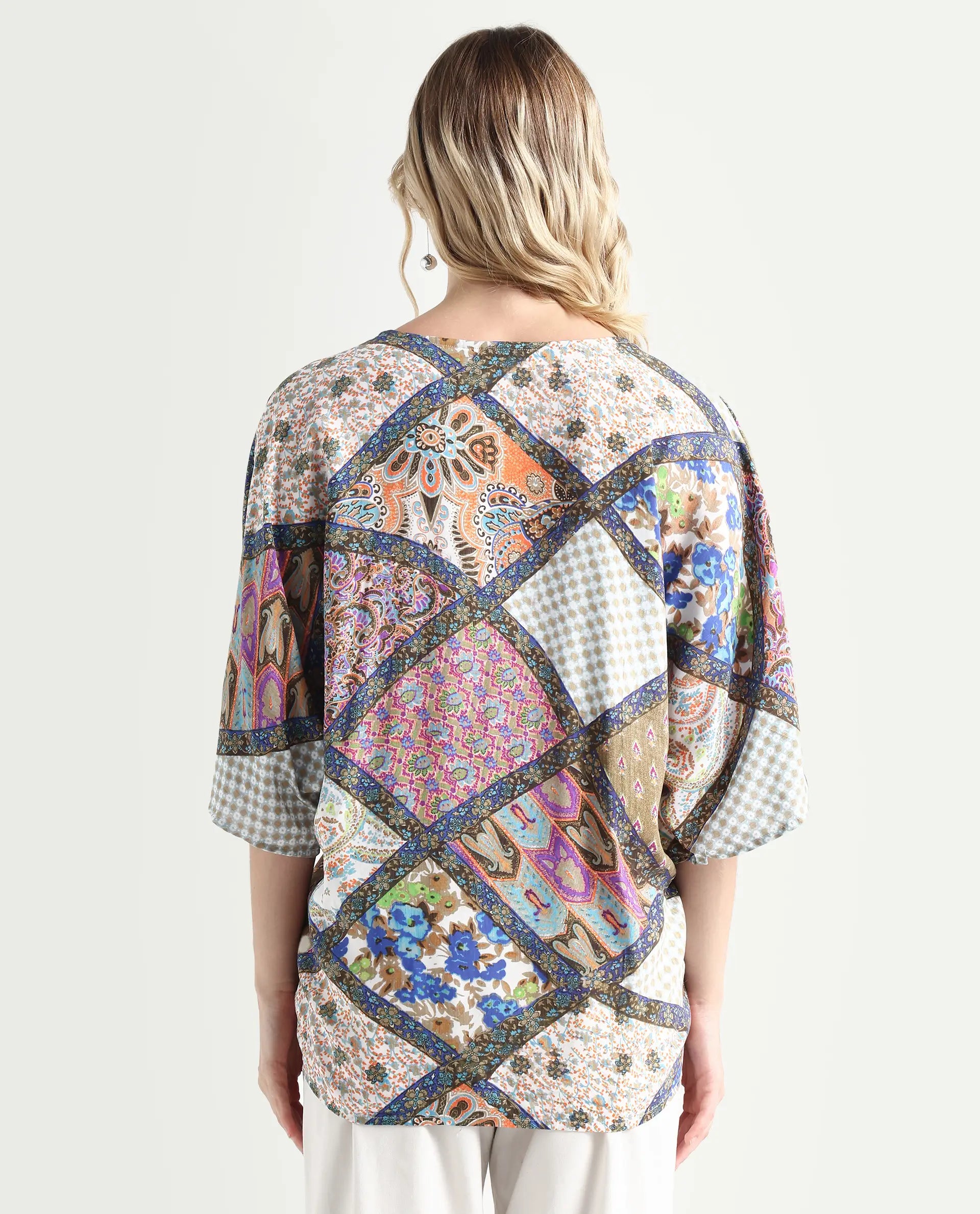 Rareism Women's Leoda Multi Viscose V-Neck Abstract Print Flared Sleeve Relaxed Fit Top