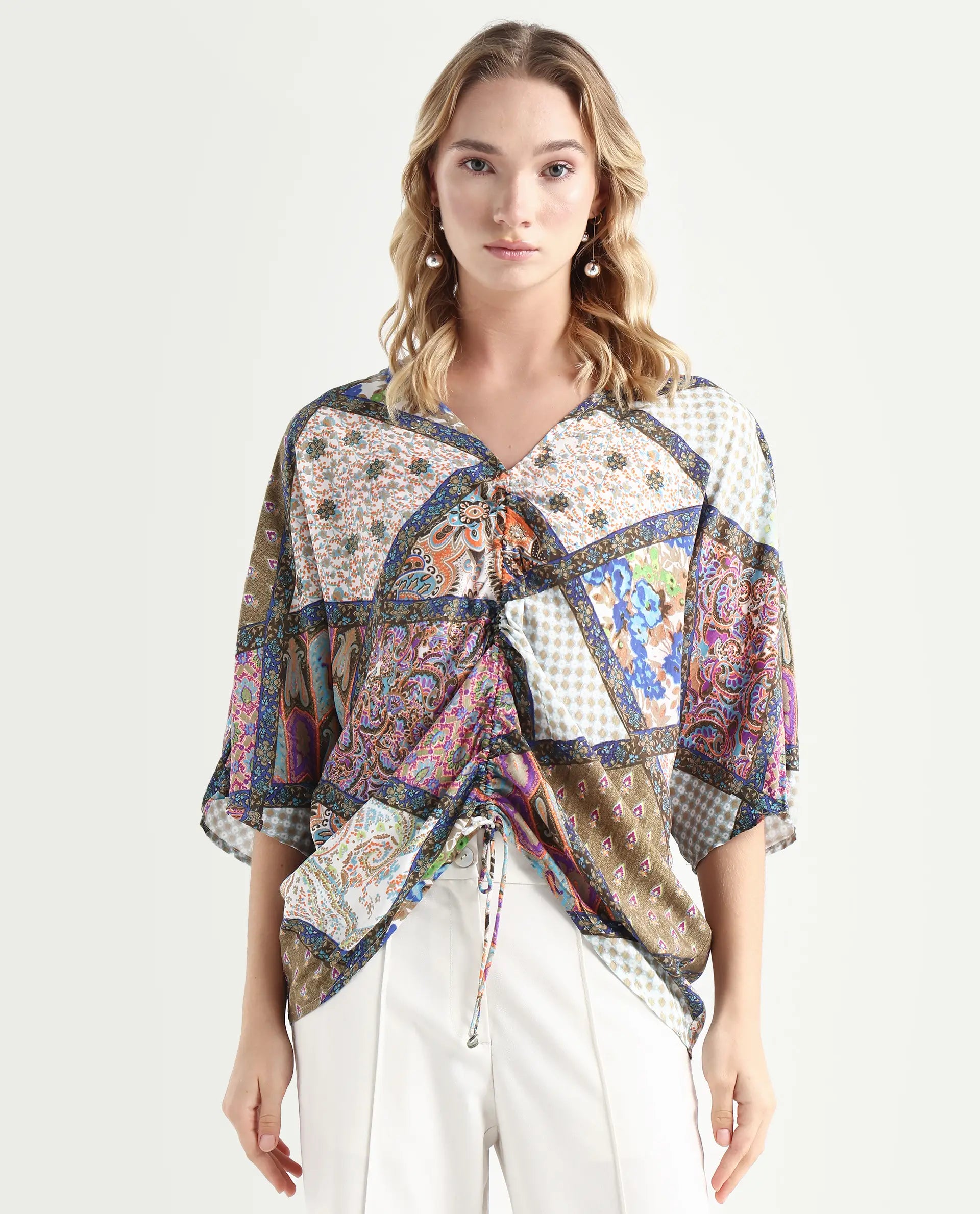 Rareism Women's Leoda Multi Viscose V-Neck Abstract Print Flared Sleeve Relaxed Fit Top