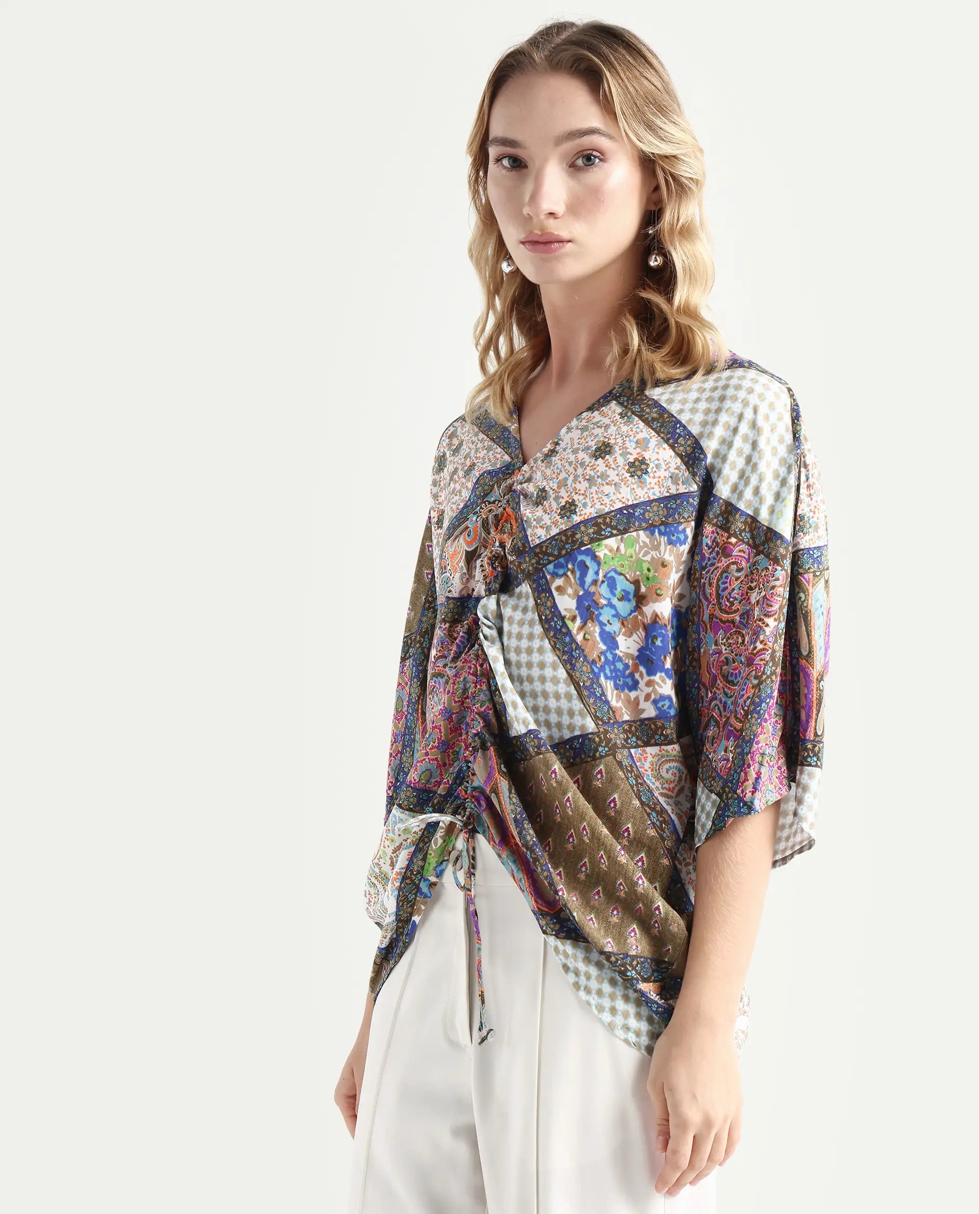 Rareism Women's Leoda Multi Viscose V-Neck Abstract Print Flared Sleeve Relaxed Fit Top