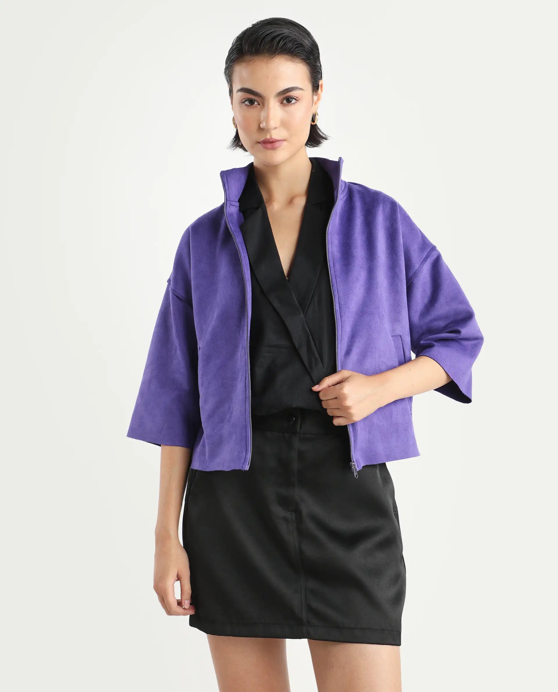 Rareism Women's Vasu 1 Purple Polyester Blend Mandarin Collar Plain Regular Fit Jacket