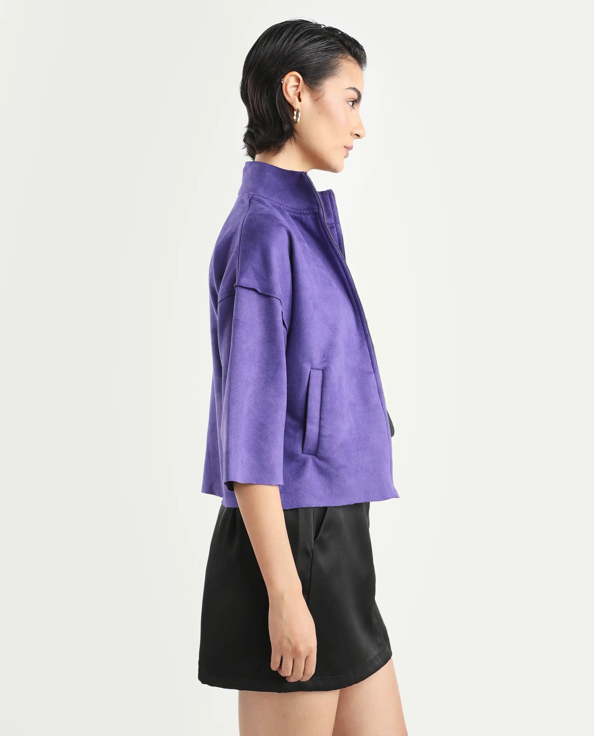 Rareism Women's Vasu 1 Purple Polyester Blend Mandarin Collar Plain Regular Fit Jacket