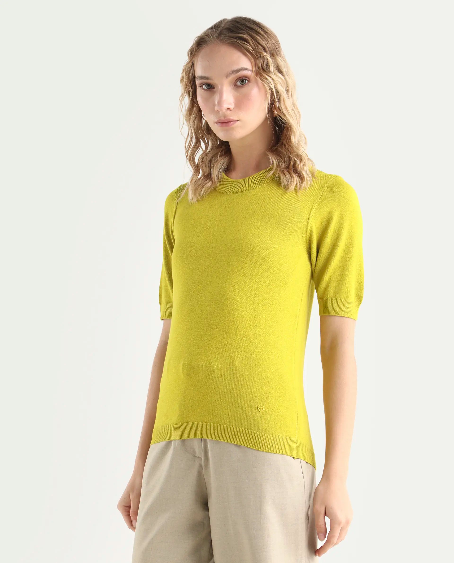 Rareism Women's Rohrdo Light Yellow Viscose Crew Neck Plain Regular Fit Sweater