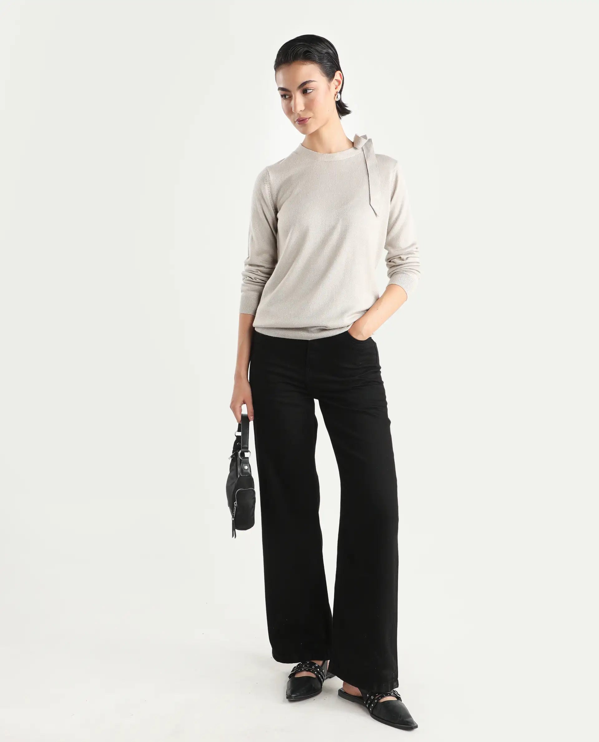 Rareism Women's Zener Off White Acrylic High Neck Plain Regular Fit Sweater