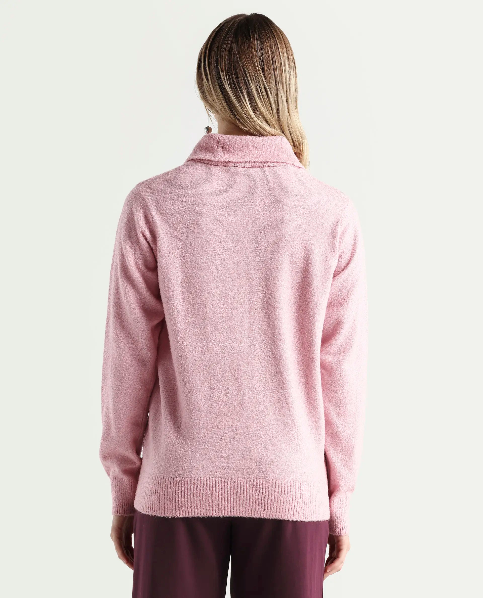 Rareism Women's Reni Pink Acrylic Overlap Neck Plain Regular Fit Sweater