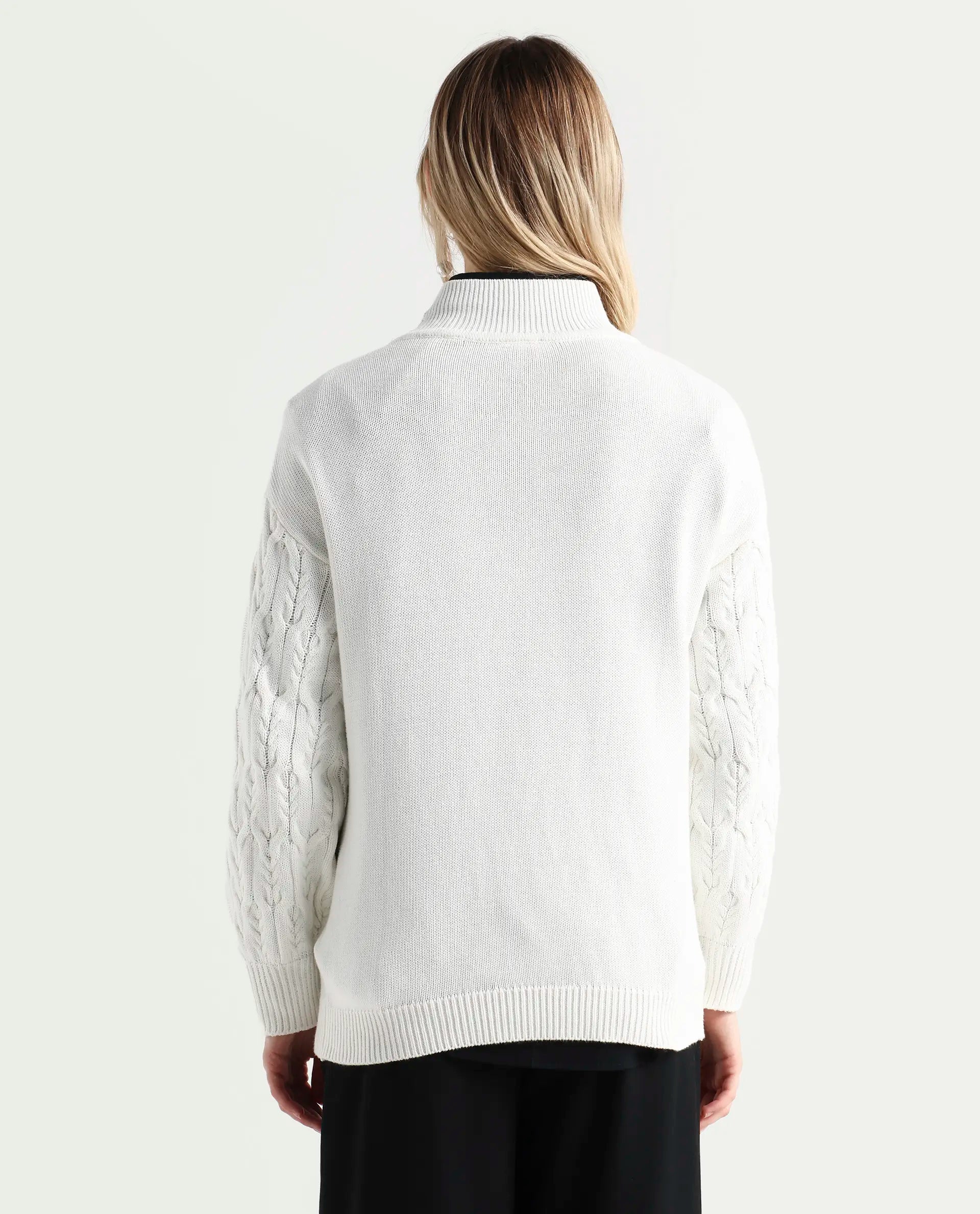 Rareism Women's Allen Off White Cotton Turtle Neck Plain Regular Fit Sweater