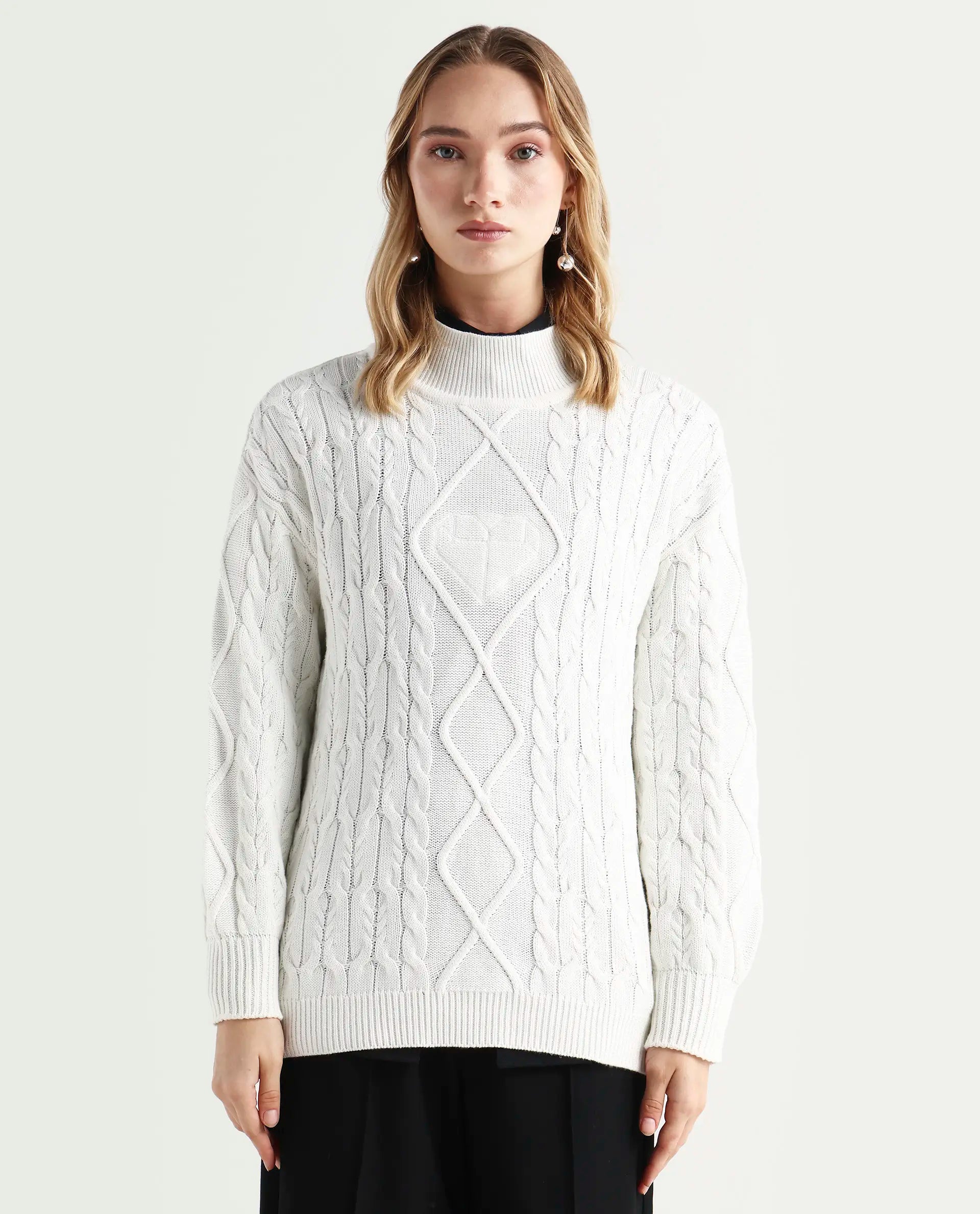 Rareism Women's Allen Off White Cotton Turtle Neck Plain Regular Fit Sweater