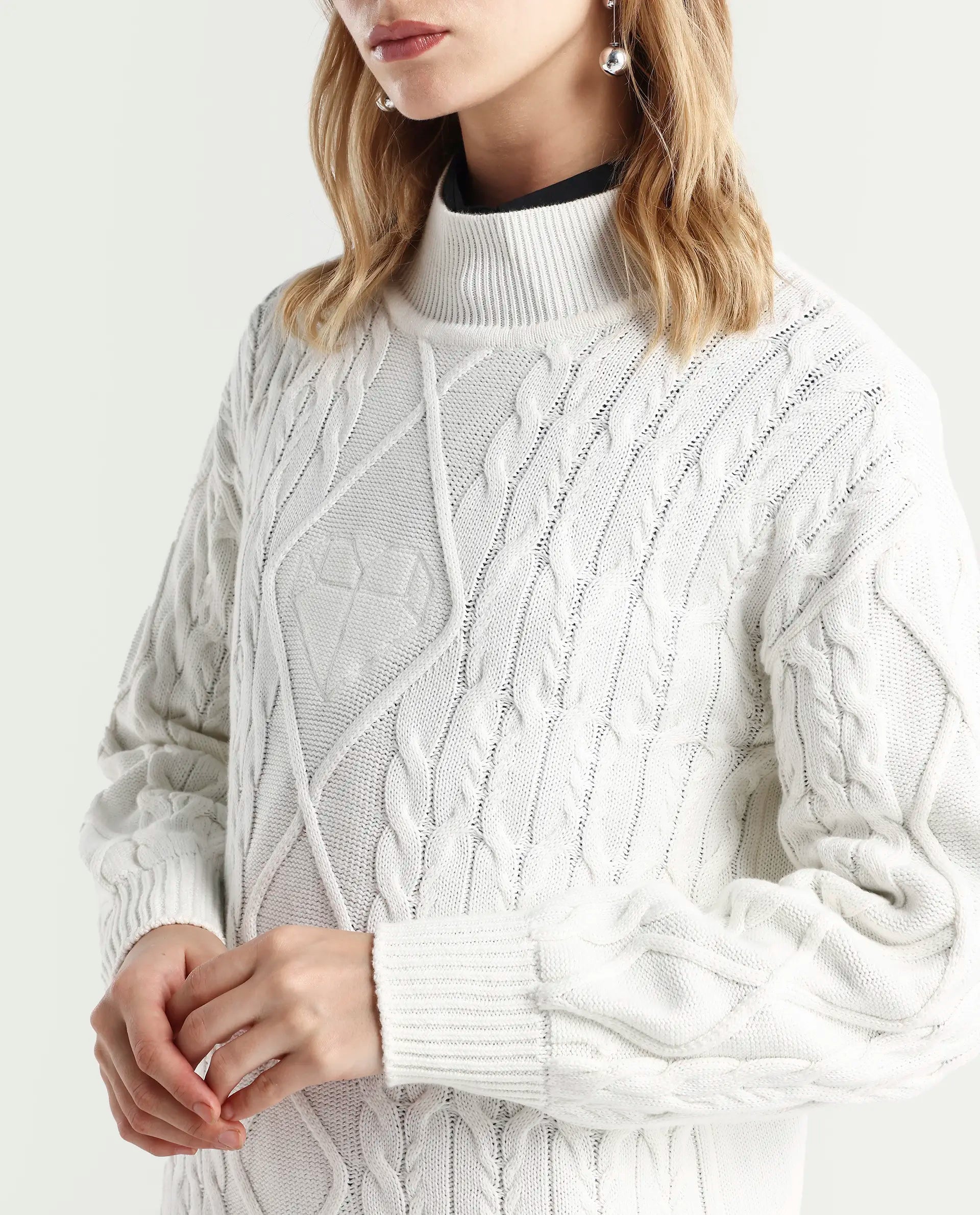 Rareism Women's Allen Off White Cotton Turtle Neck Plain Regular Fit Sweater
