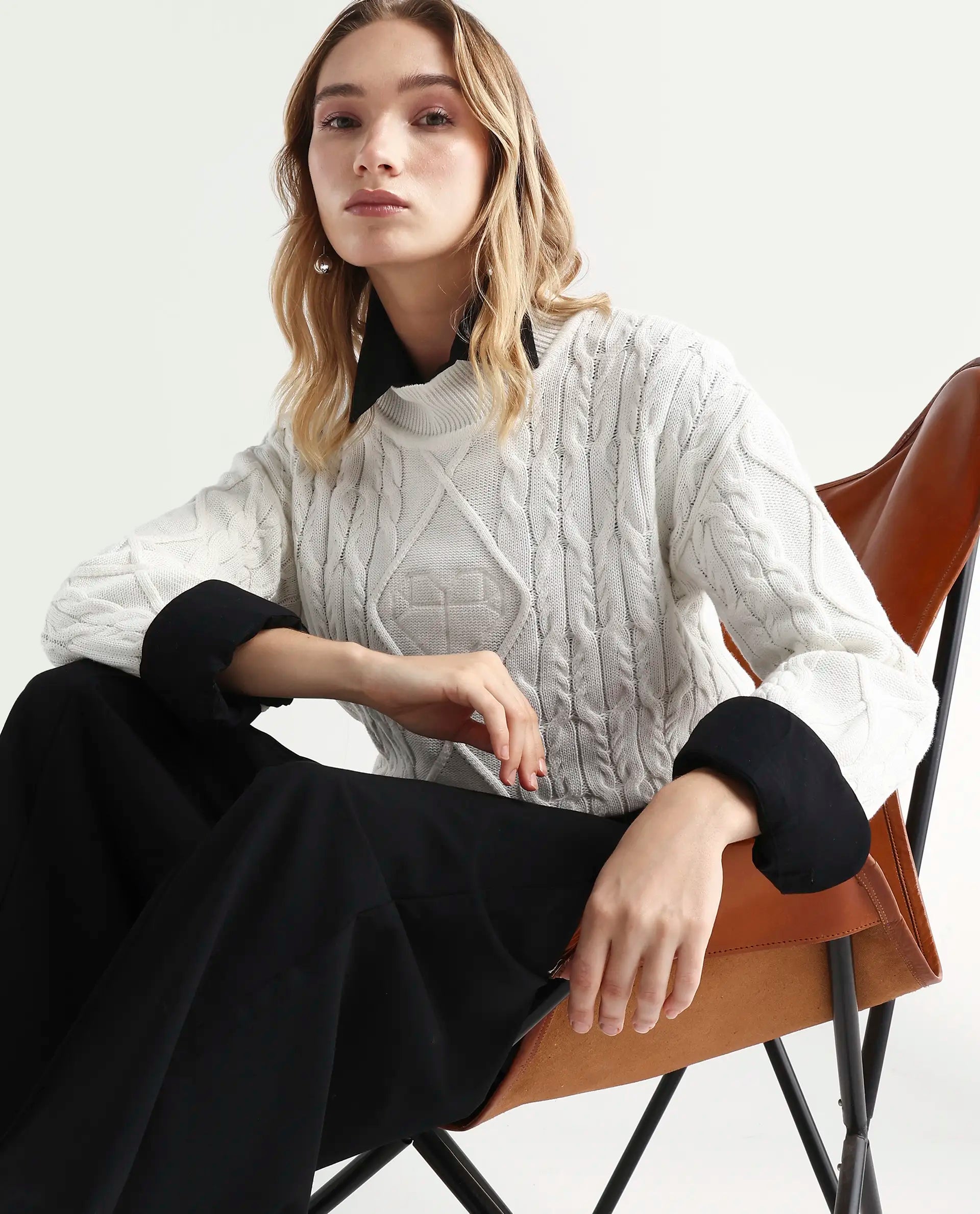 Rareism Women's Allen Off White Cotton Turtle Neck Plain Regular Fit Sweater