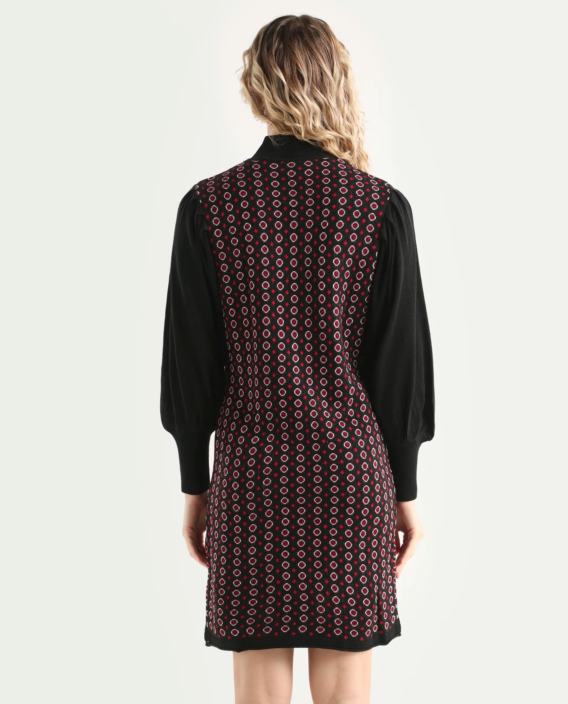 Rareism Women's Web 2 Black Acrylic High Neck Geometric Print Bishop Sleeve Knee Length Regular Fit Sweater