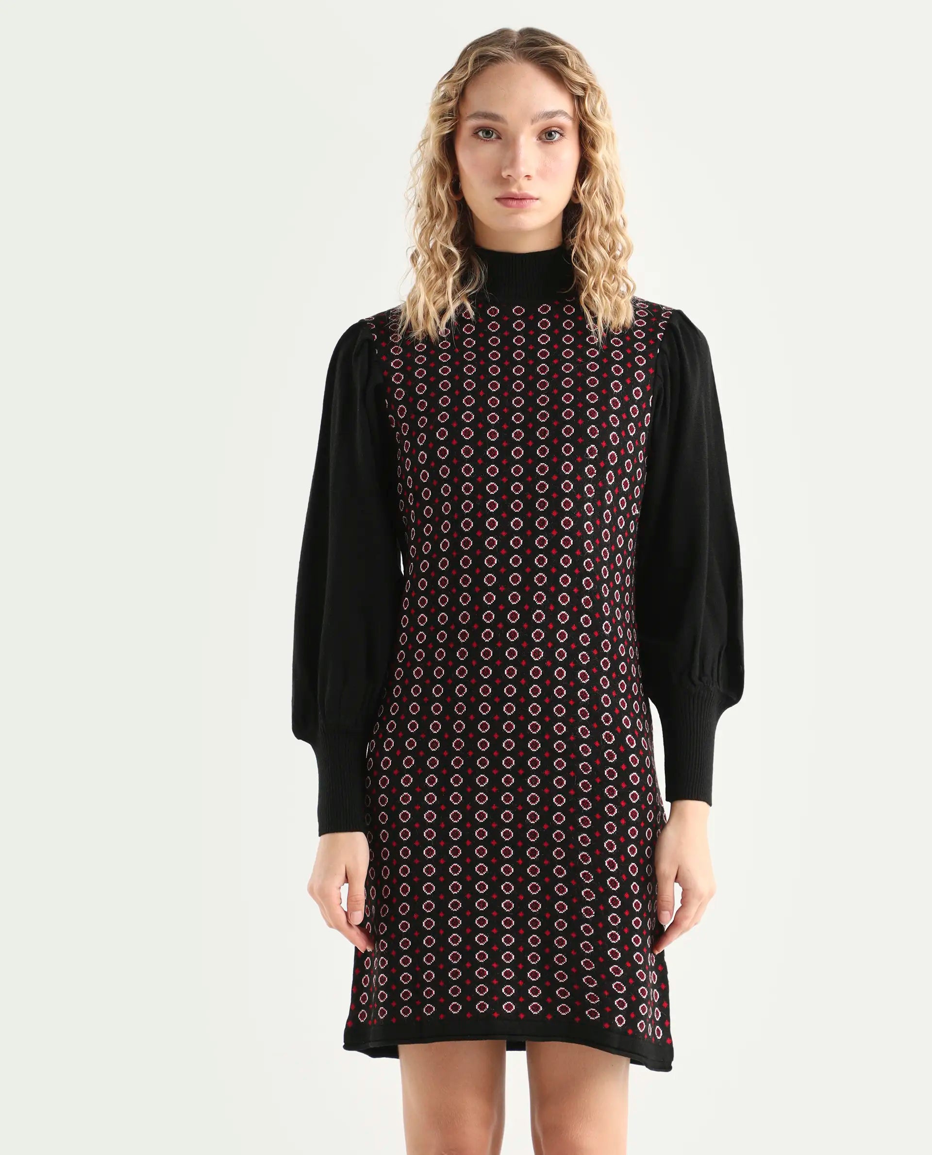 Rareism Women's Web 2 Black Acrylic High Neck Geometric Print Bishop Sleeve Knee Length Regular Fit Sweater