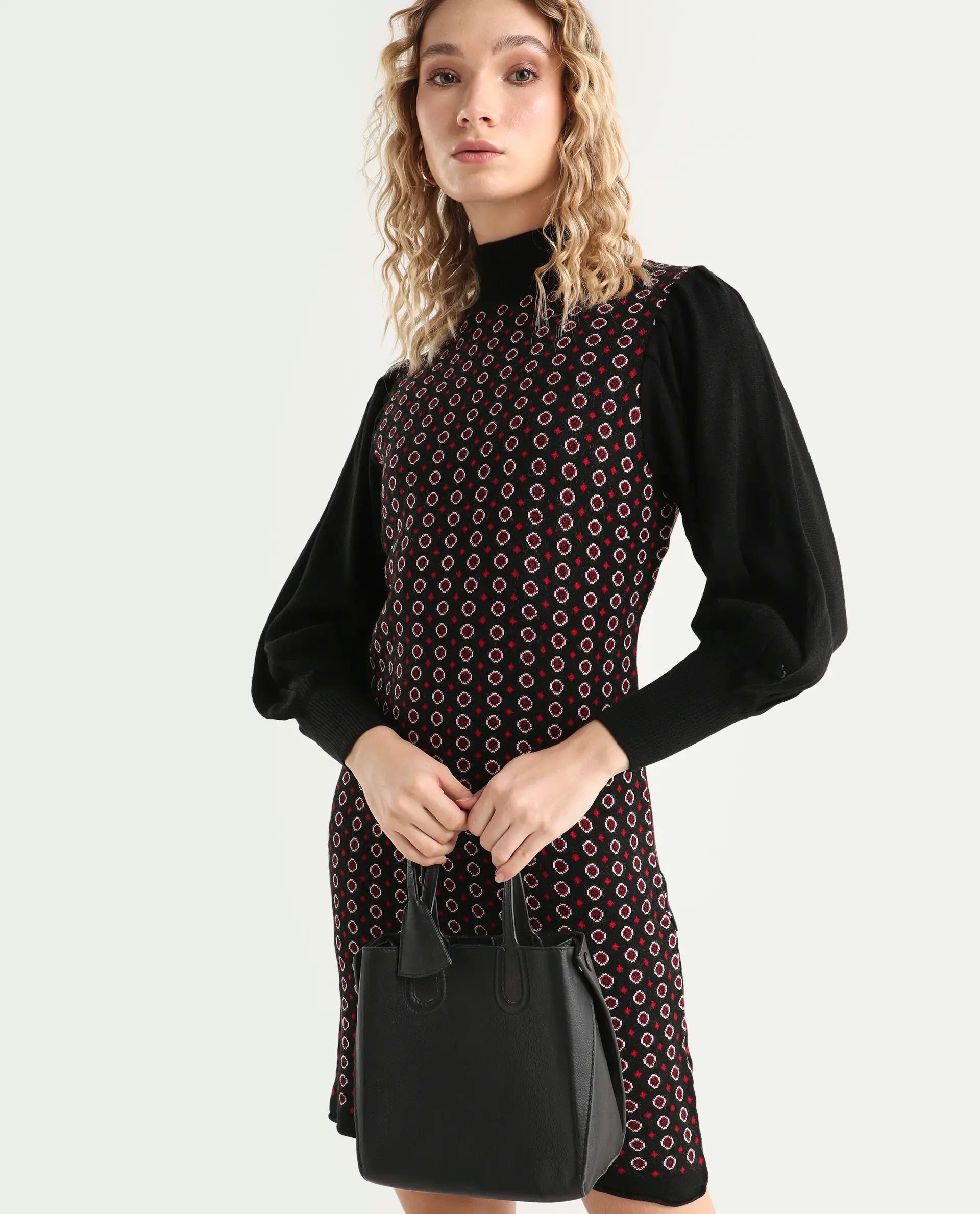 Rareism Women's Web 2 Black Acrylic High Neck Geometric Print Bishop Sleeve Knee Length Regular Fit Sweater