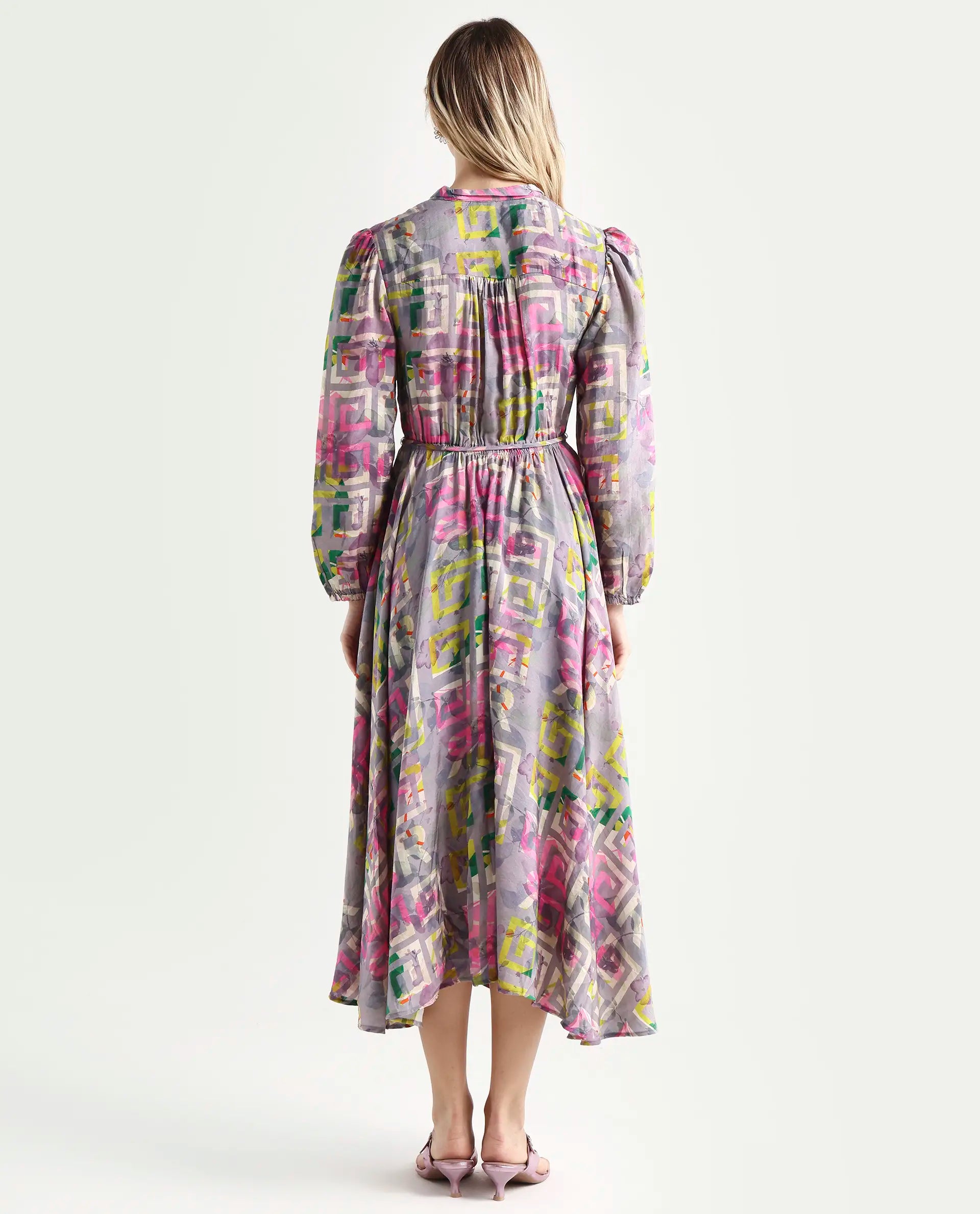 Rareism Women's Austir Multi Polyester Mandarin Collar Geometric Print Balloon Sleeve Maxi Regular Fit Dress