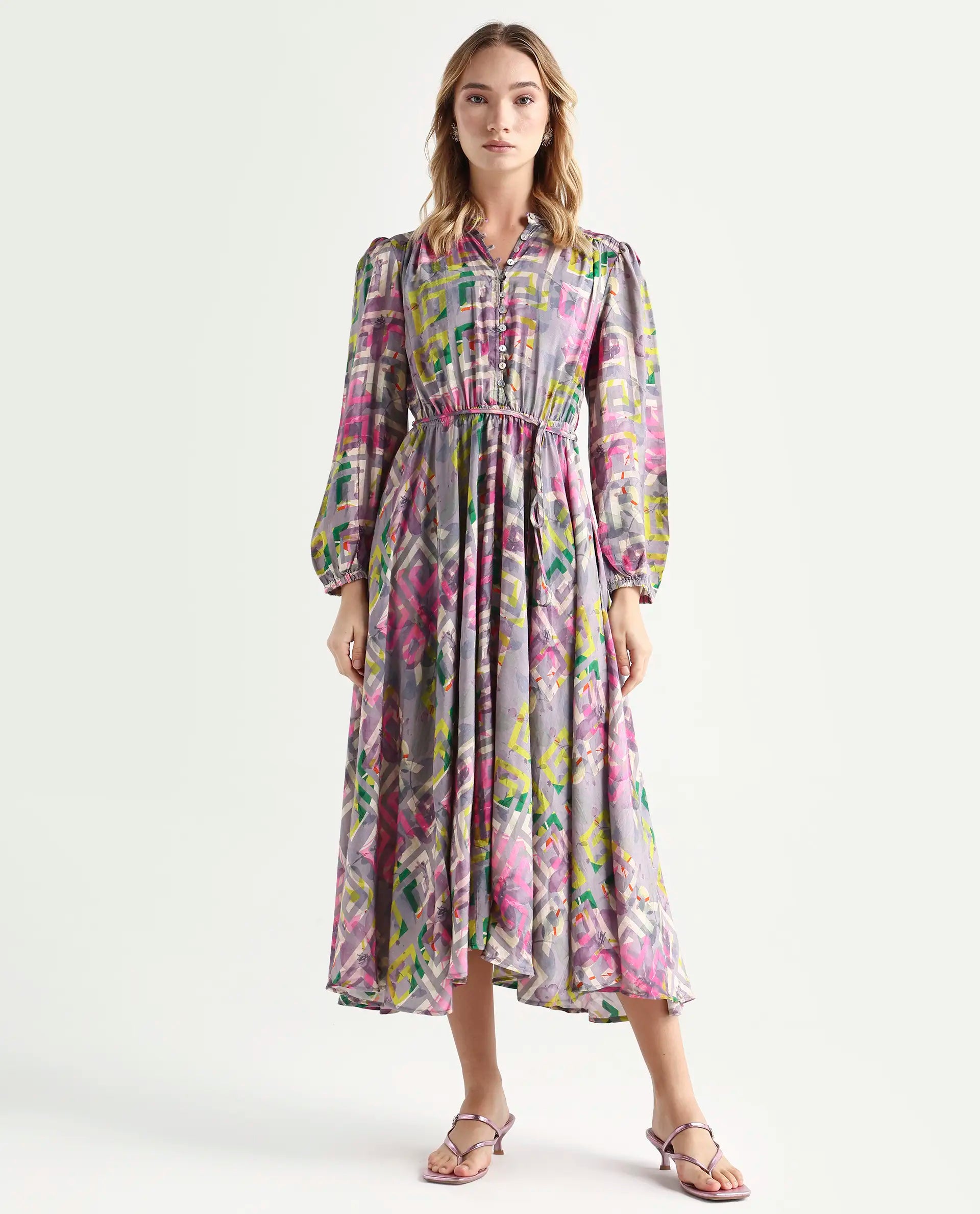 Rareism Women's Austir Multi Polyester Mandarin Collar Geometric Print Balloon Sleeve Maxi Regular Fit Dress