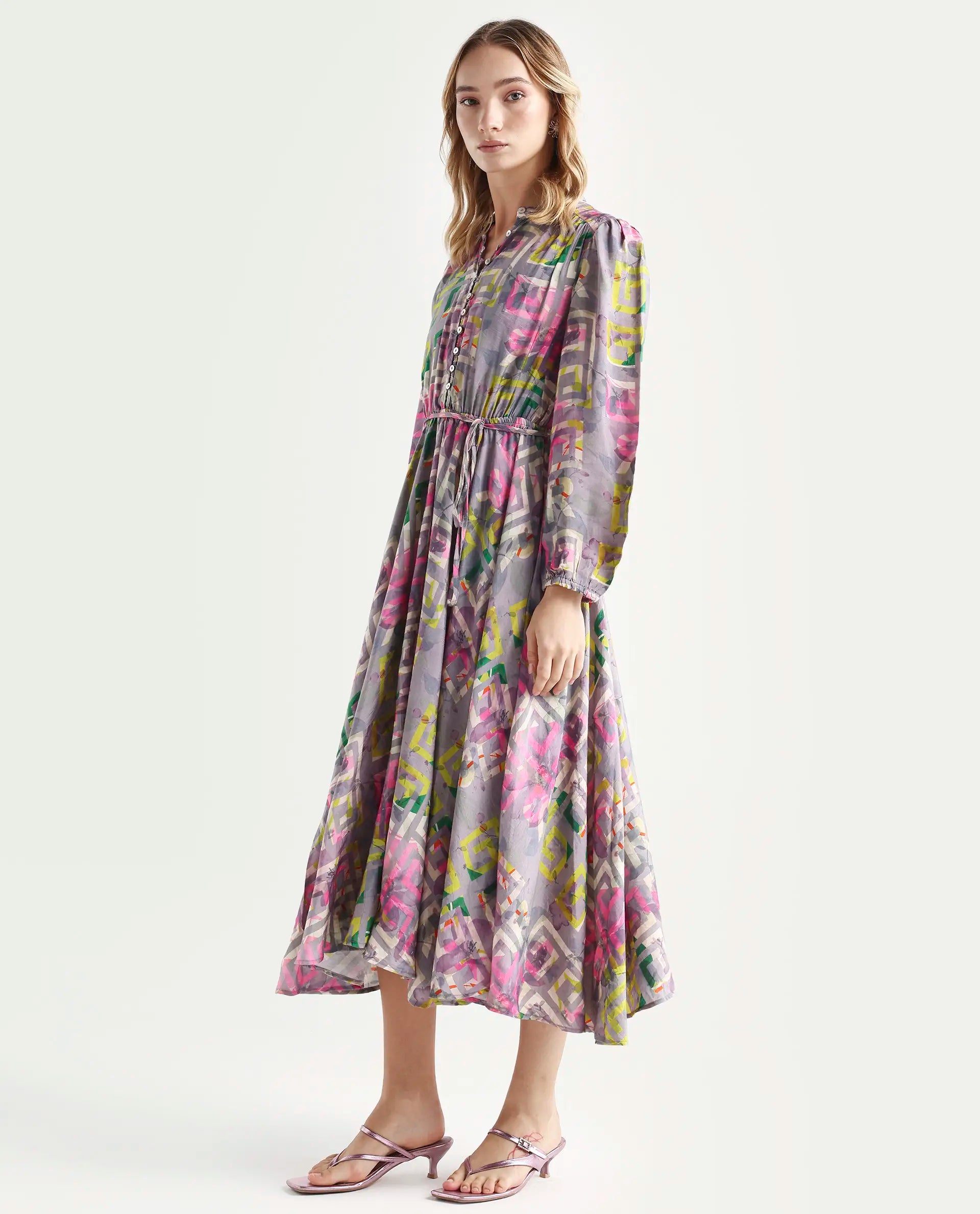 Rareism Women's Austir Multi Polyester Mandarin Collar Geometric Print Balloon Sleeve Maxi Regular Fit Dress