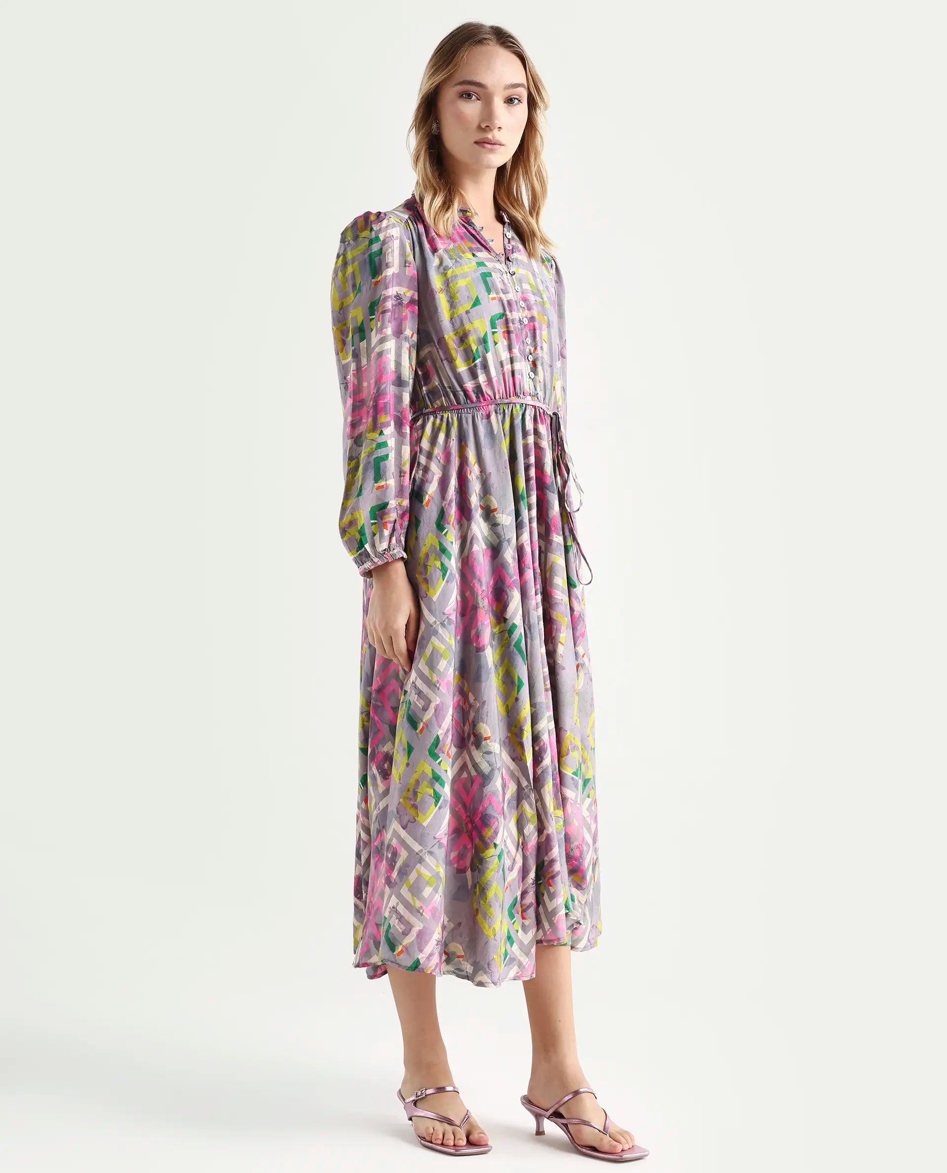 Rareism Women's Austir Multi Polyester Mandarin Collar Geometric Print Balloon Sleeve Maxi Regular Fit Dress