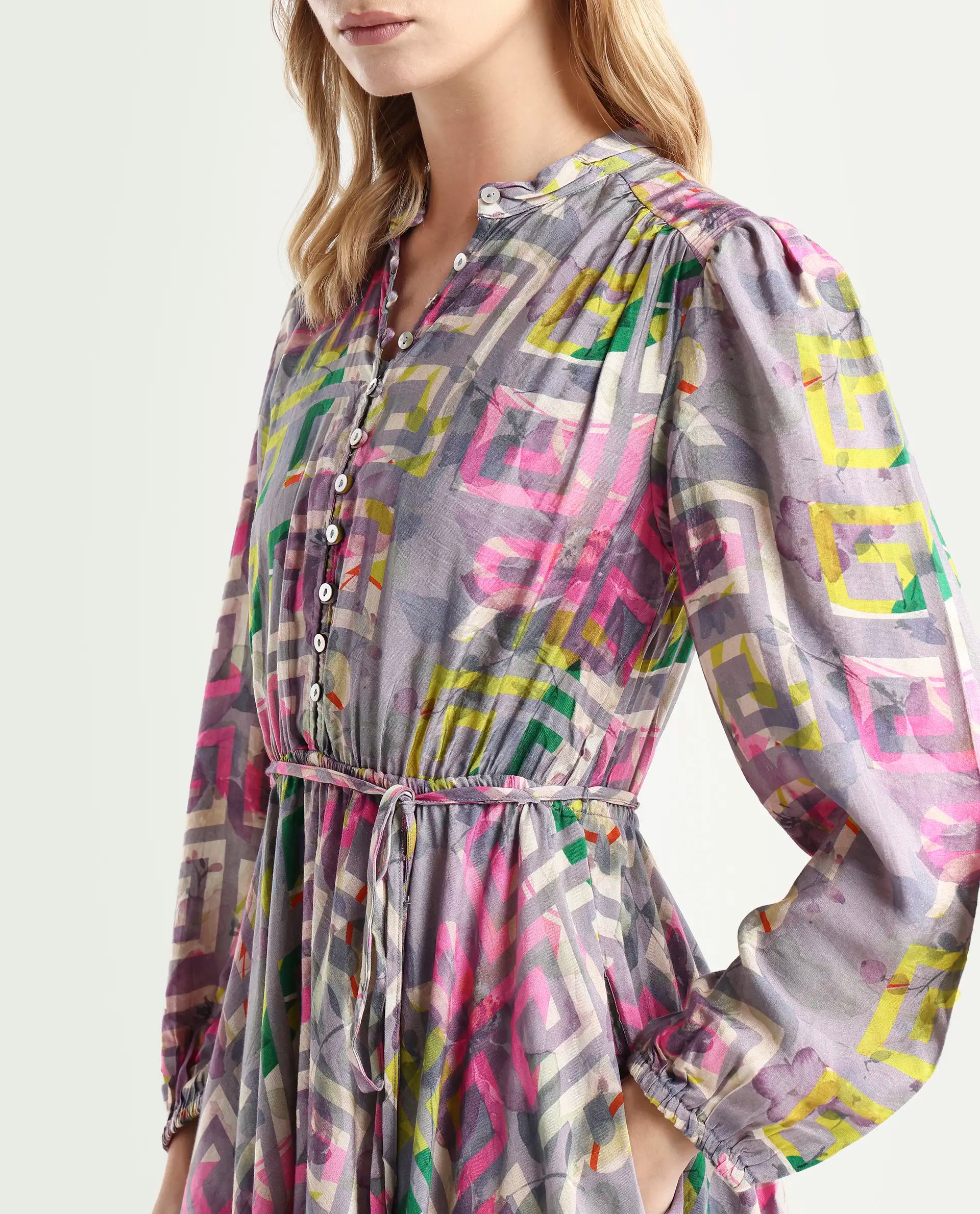 Rareism Women's Austir Multi Polyester Mandarin Collar Geometric Print Balloon Sleeve Maxi Regular Fit Dress