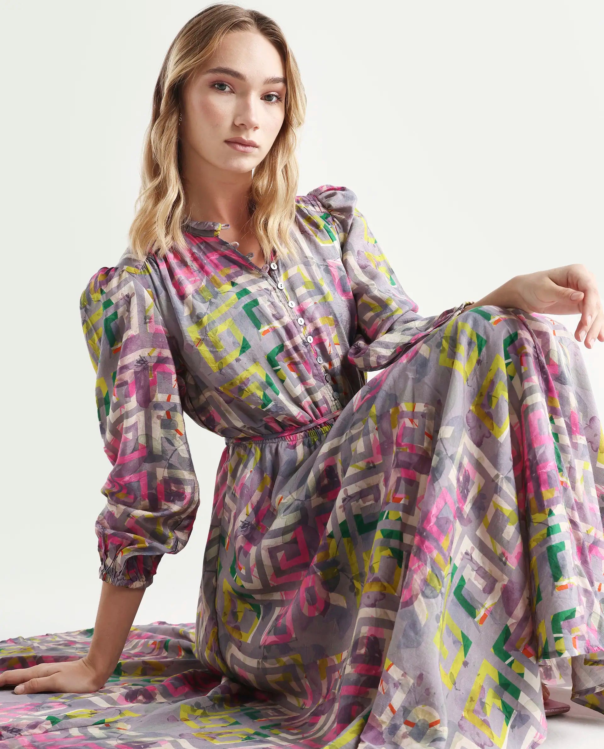 Rareism Women's Austir Multi Polyester Mandarin Collar Geometric Print Balloon Sleeve Maxi Regular Fit Dress