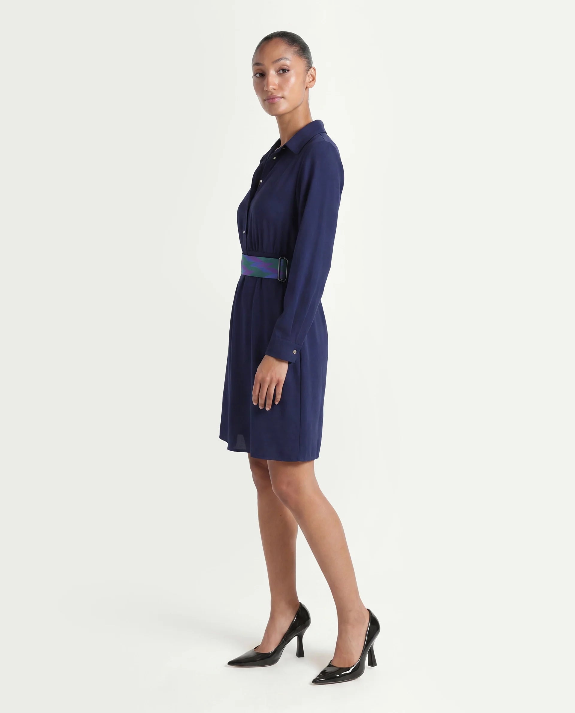 Rareism Women's Chsam Navy Polyester Blend Spread Collar Plain Maxi Regular Fit Dress