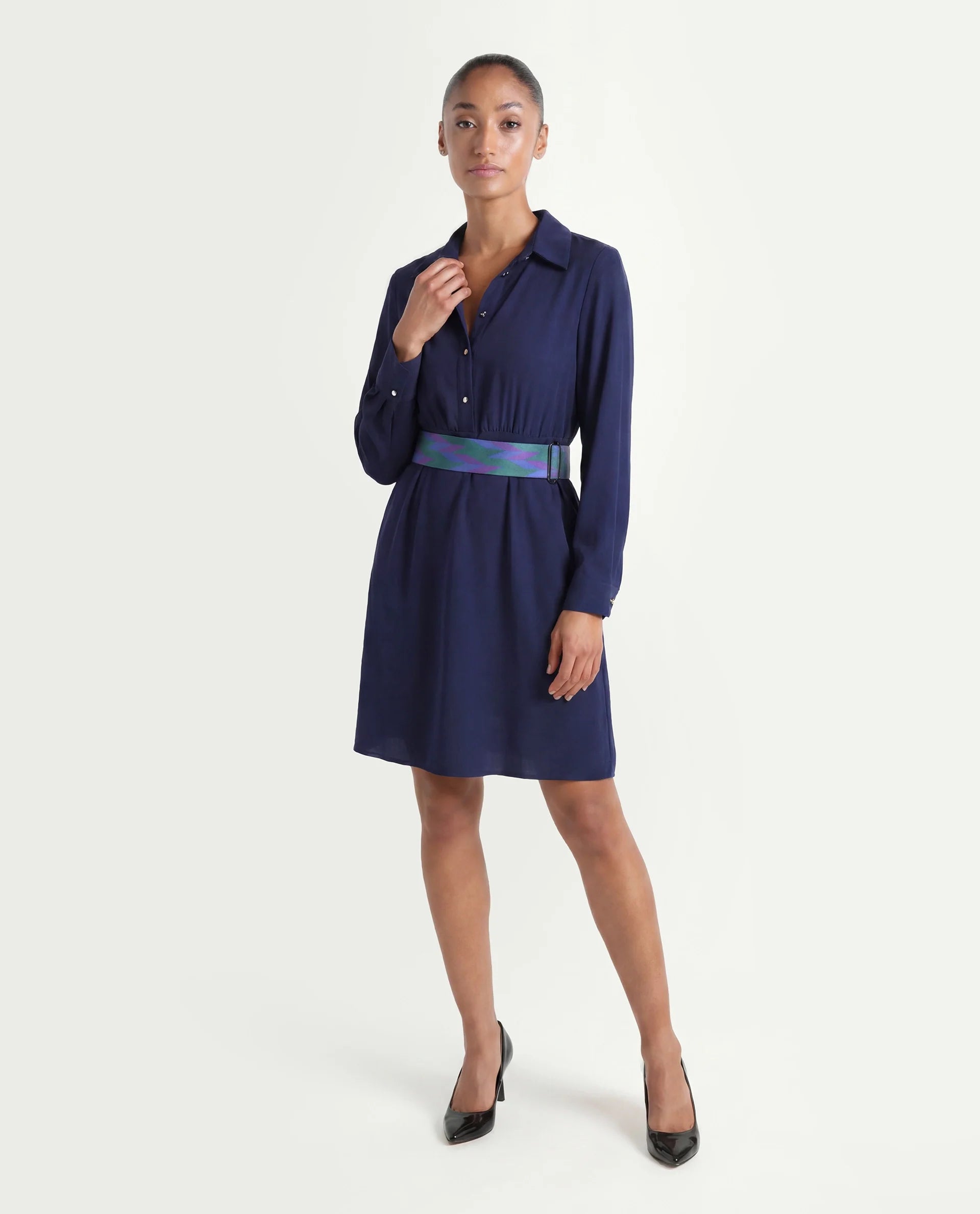 Rareism Women's Chsam Navy Polyester Blend Spread Collar Plain Maxi Regular Fit Dress