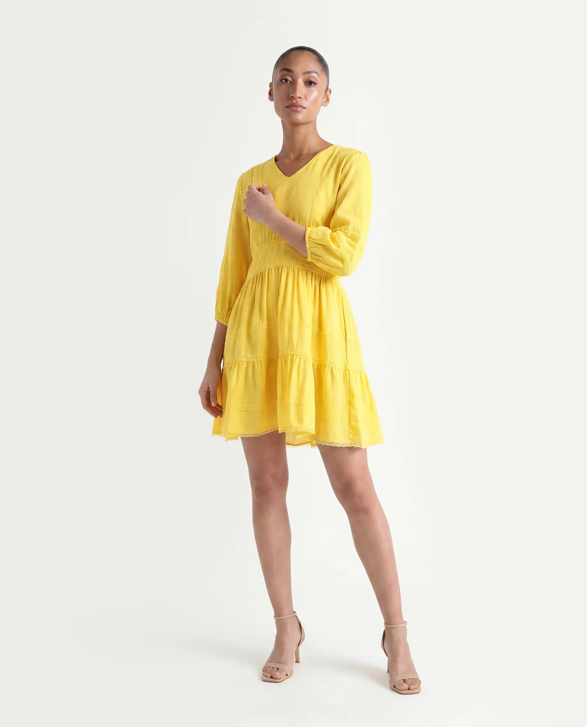 Rareism Women's Meruf Yellow Polyester Blend V-Neck Plain Balloon Sleeve Mini Regular Fit Dress