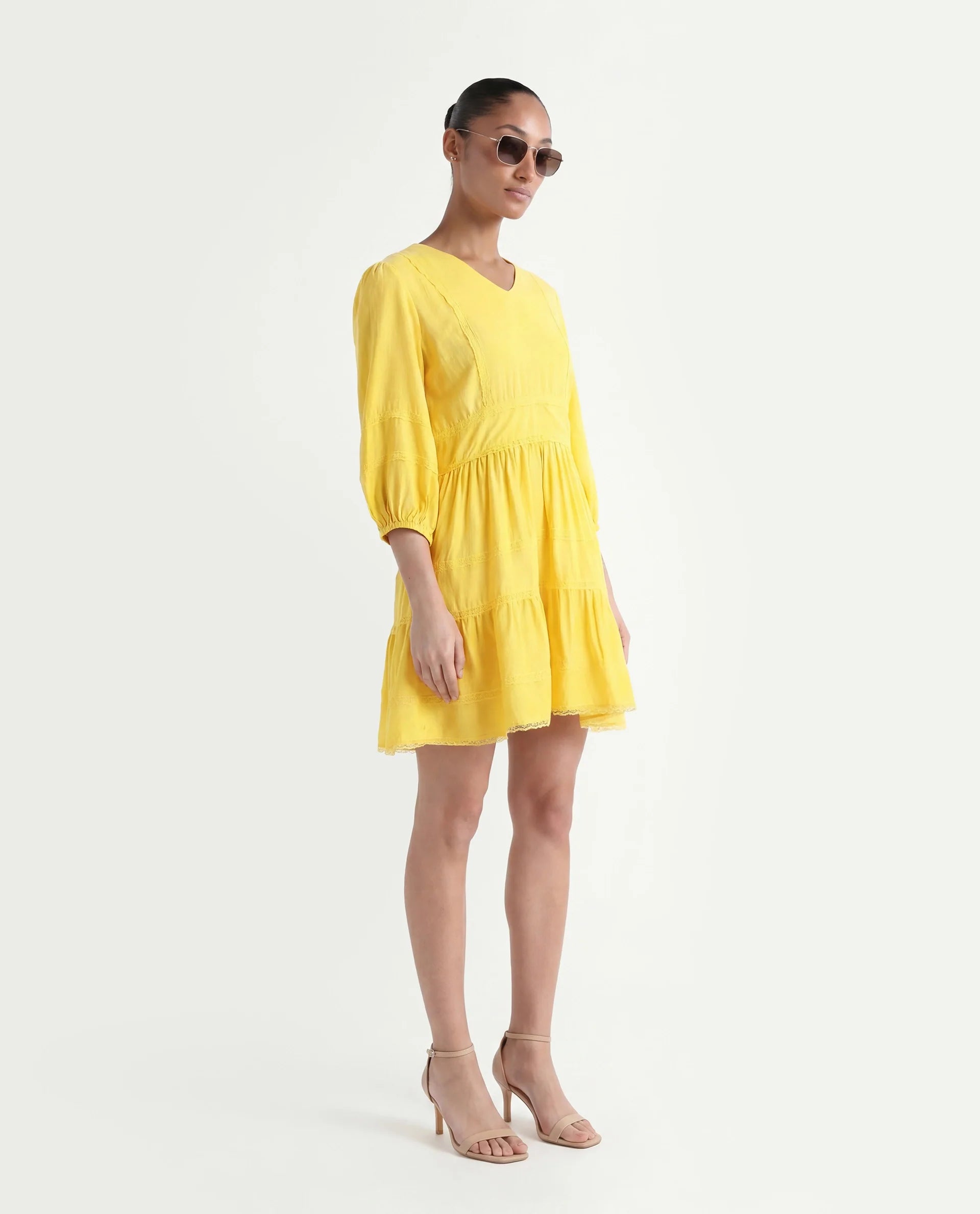 Rareism Women's Meruf Yellow Polyester Blend V-Neck Plain Balloon Sleeve Mini Regular Fit Dress