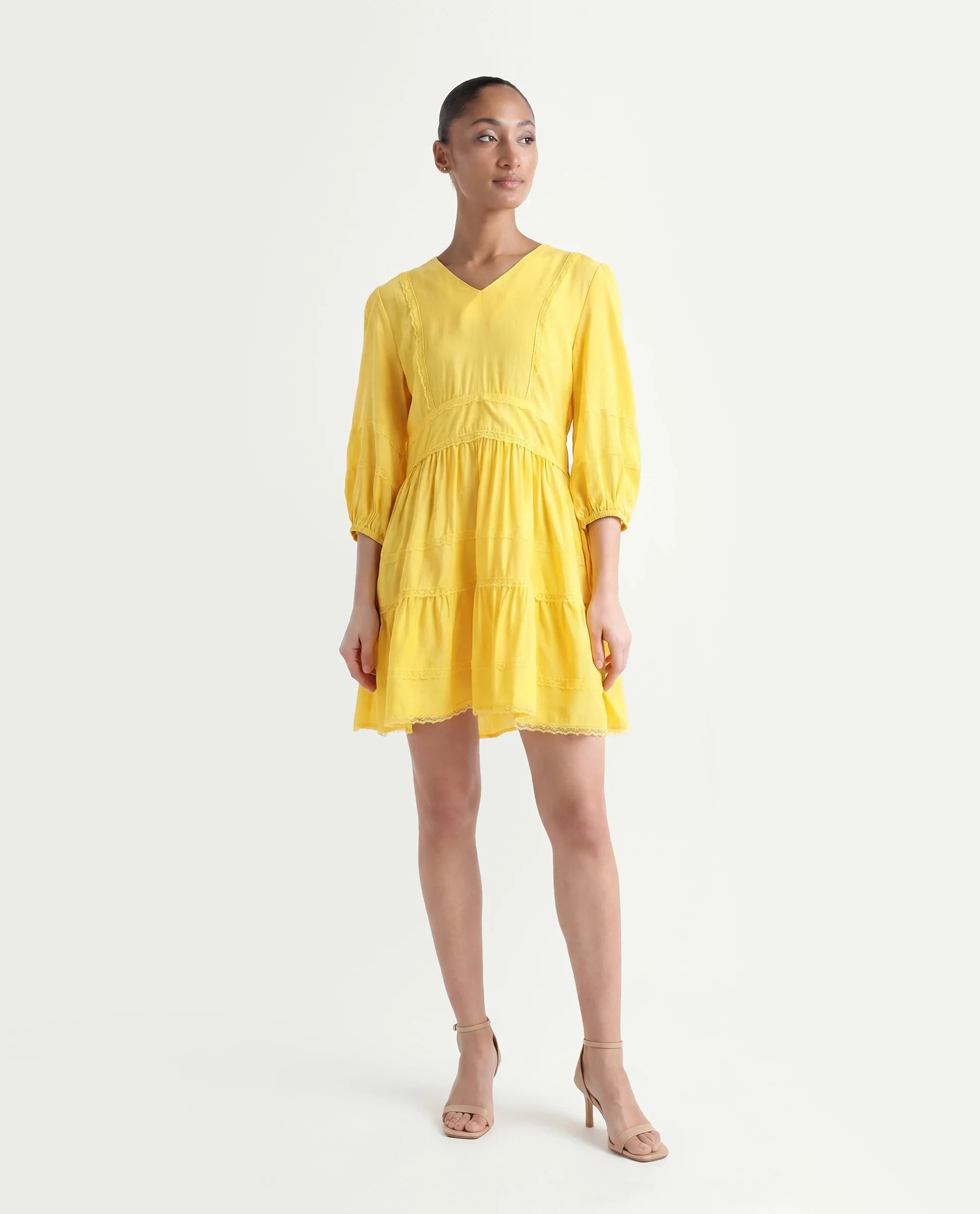 Rareism Women's Meruf Yellow Polyester Blend V-Neck Plain Balloon Sleeve Mini Regular Fit Dress