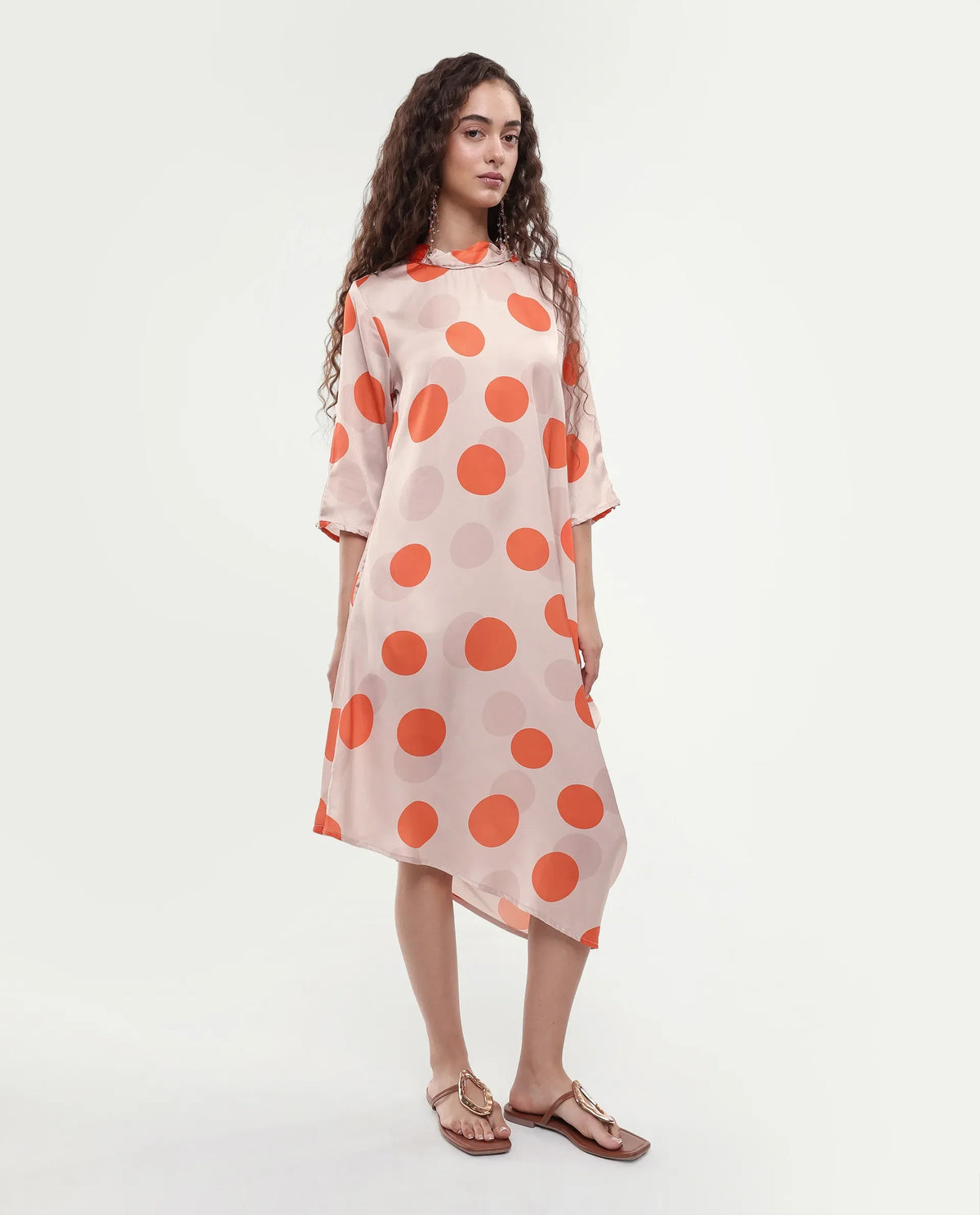 Rareism Women's Nia Light Beige Polyester High Neck Polka Print Midi Relaxed Fit Dress