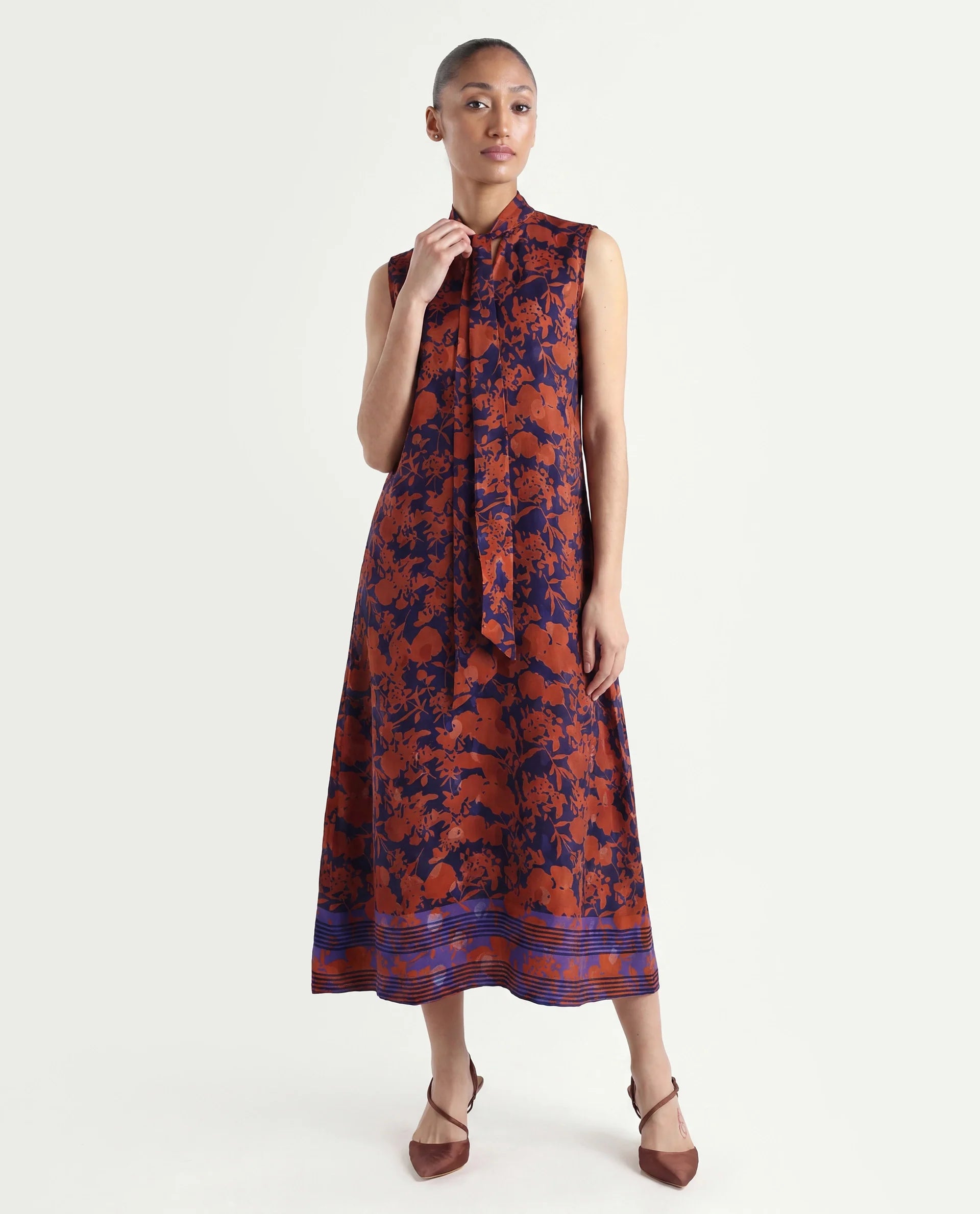 Rareism Women's Ellu Brown Polyester Tie-Up Neck Floral Print Sleeveless Knee Length Regular Fit Dress