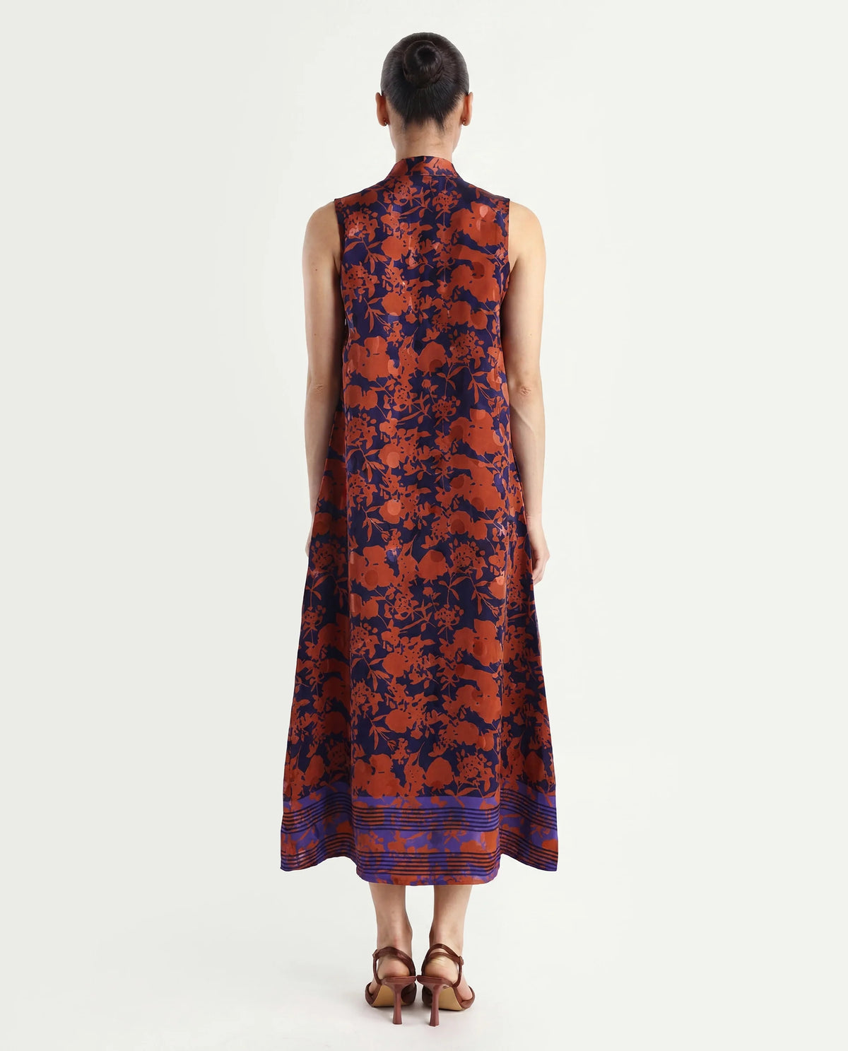 Rareism Women's Ellu Brown Polyester Tie-Up Neck Floral Print Sleeveless Knee Length Regular Fit Dress
