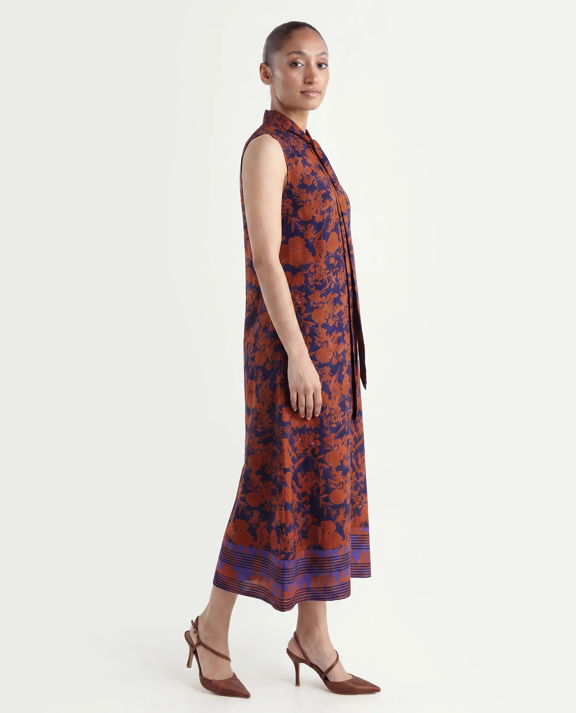 Rareism Women's Ellu Brown Polyester Tie-Up Neck Floral Print Sleeveless Knee Length Regular Fit Dress