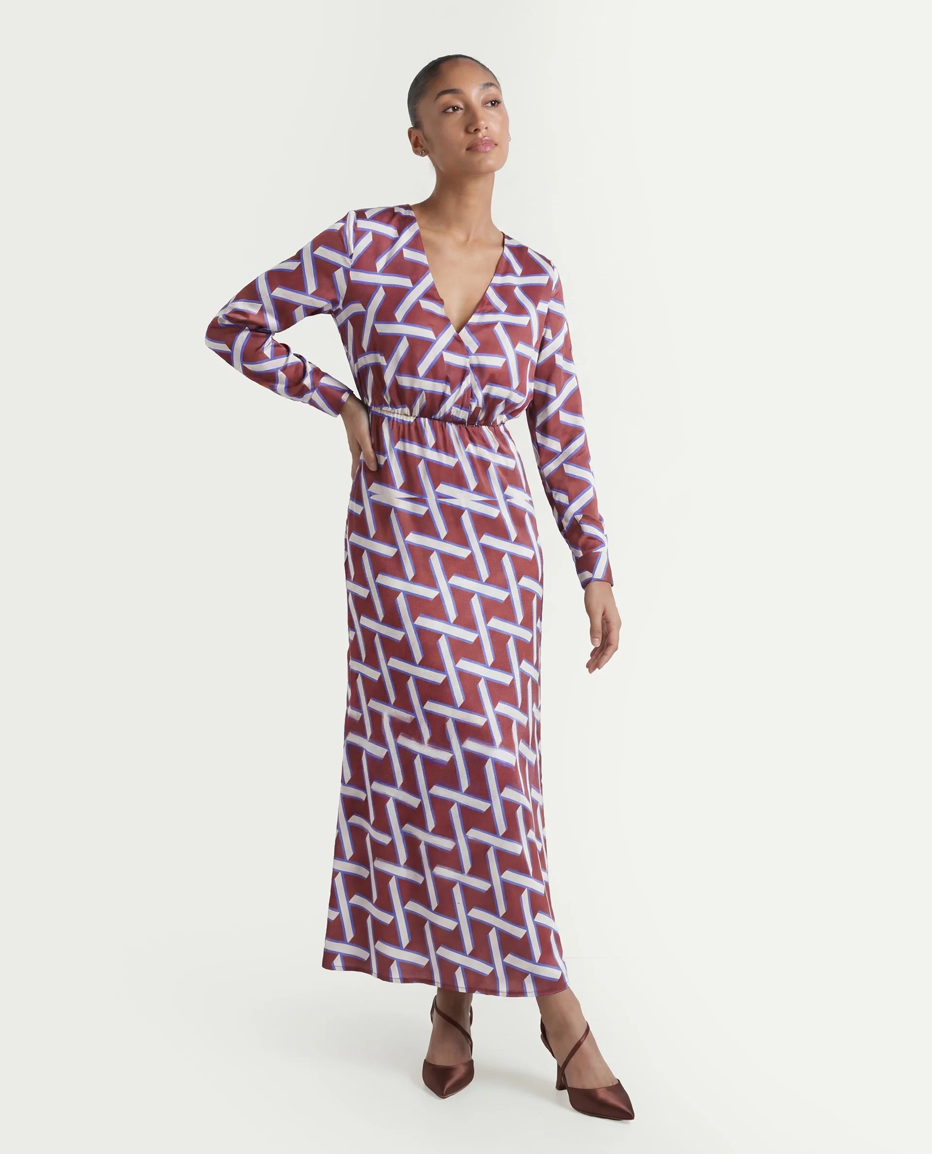 Rareism Women's Phara Brown Polyester V-Neck Geometric Print Maxi Regular Fit Dress