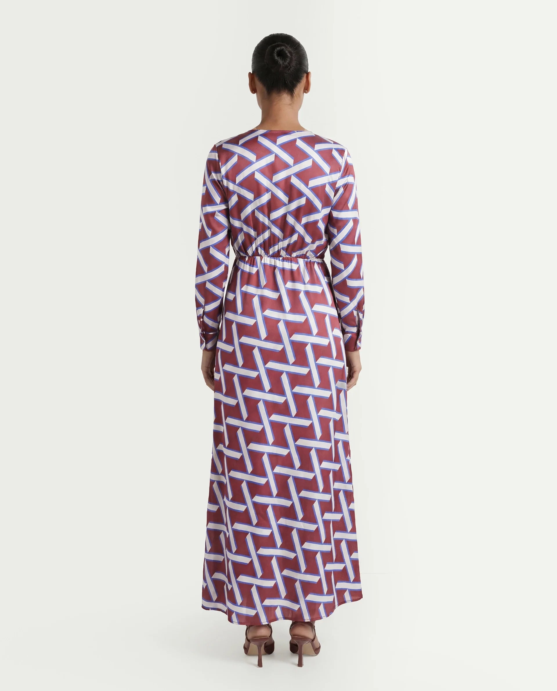 Rareism Women's Phara Brown Polyester V-Neck Geometric Print Maxi Regular Fit Dress