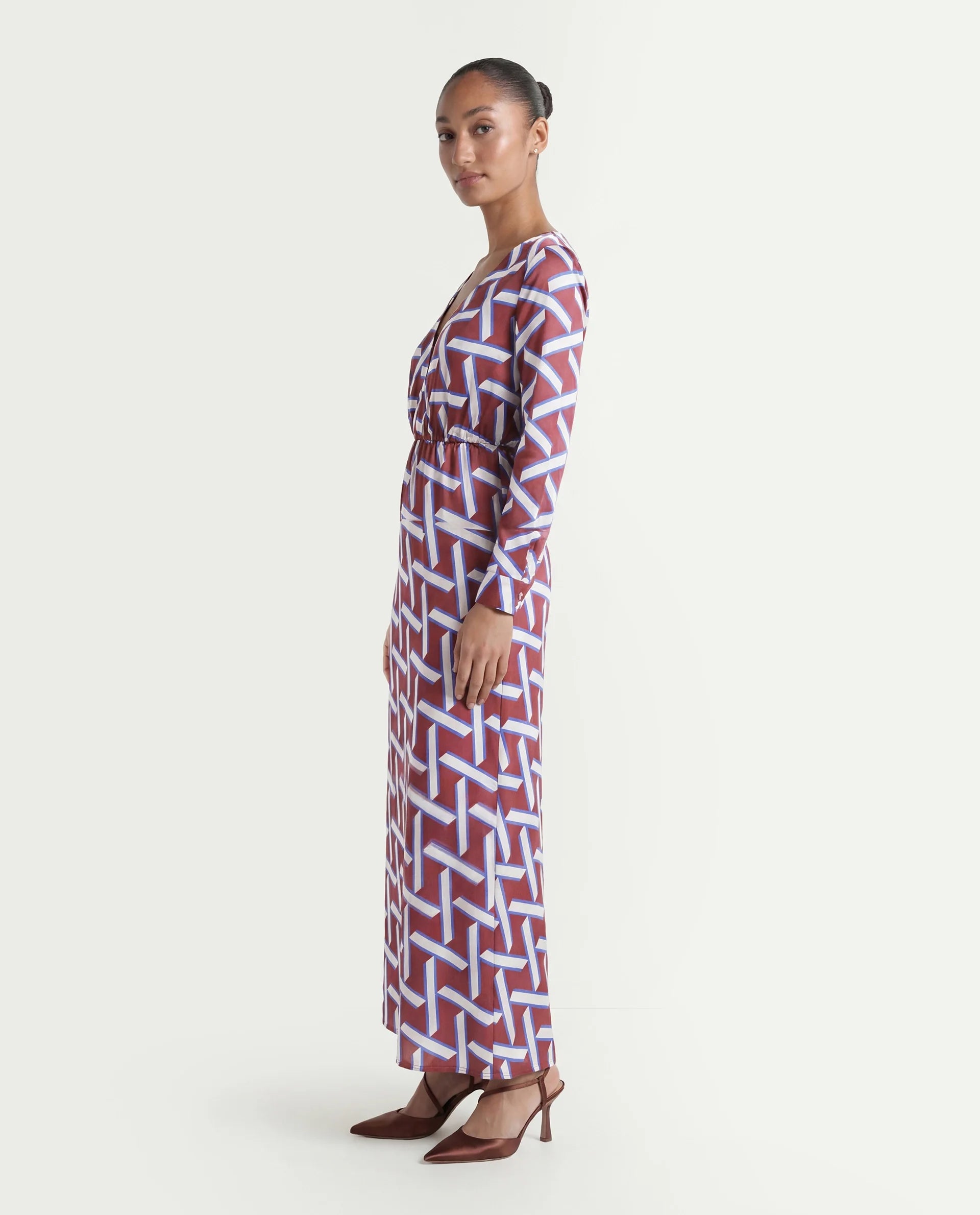Rareism Women's Phara Brown Polyester V-Neck Geometric Print Maxi Regular Fit Dress