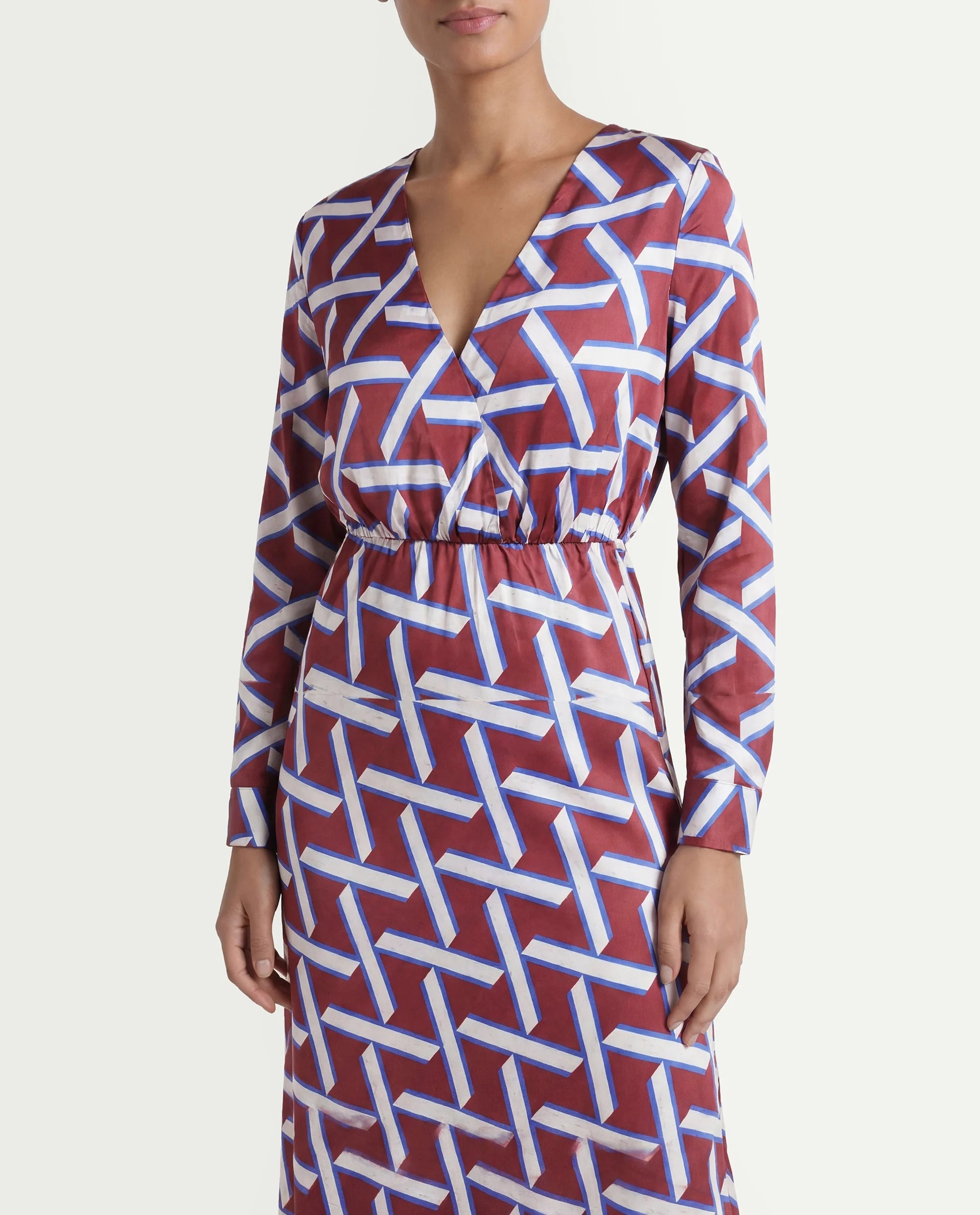 Rareism Women's Phara Brown Polyester V-Neck Geometric Print Maxi Regular Fit Dress