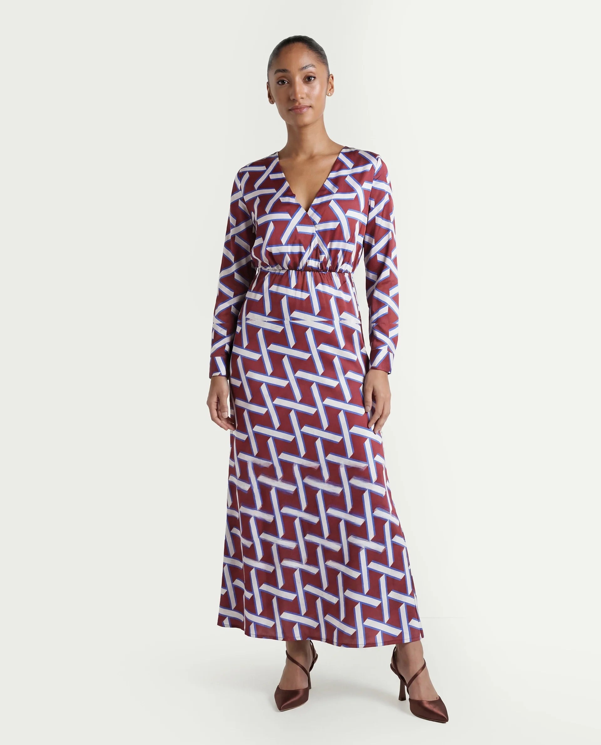 Rareism Women's Phara Brown Polyester V-Neck Geometric Print Maxi Regular Fit Dress